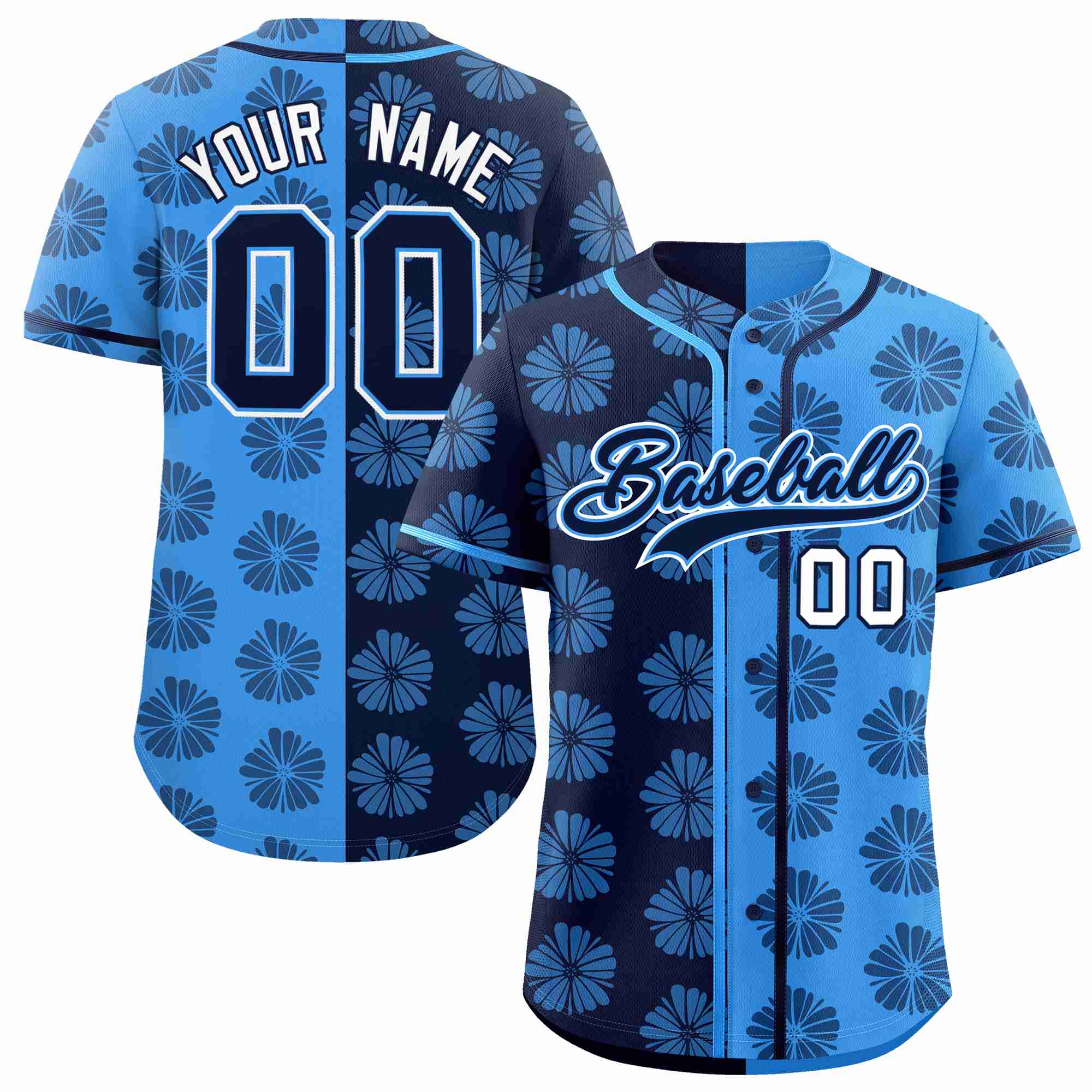 Custom Navy Powder Blue Split Fashion Flower Graffiti Pattern Authentic Baseball Jersey