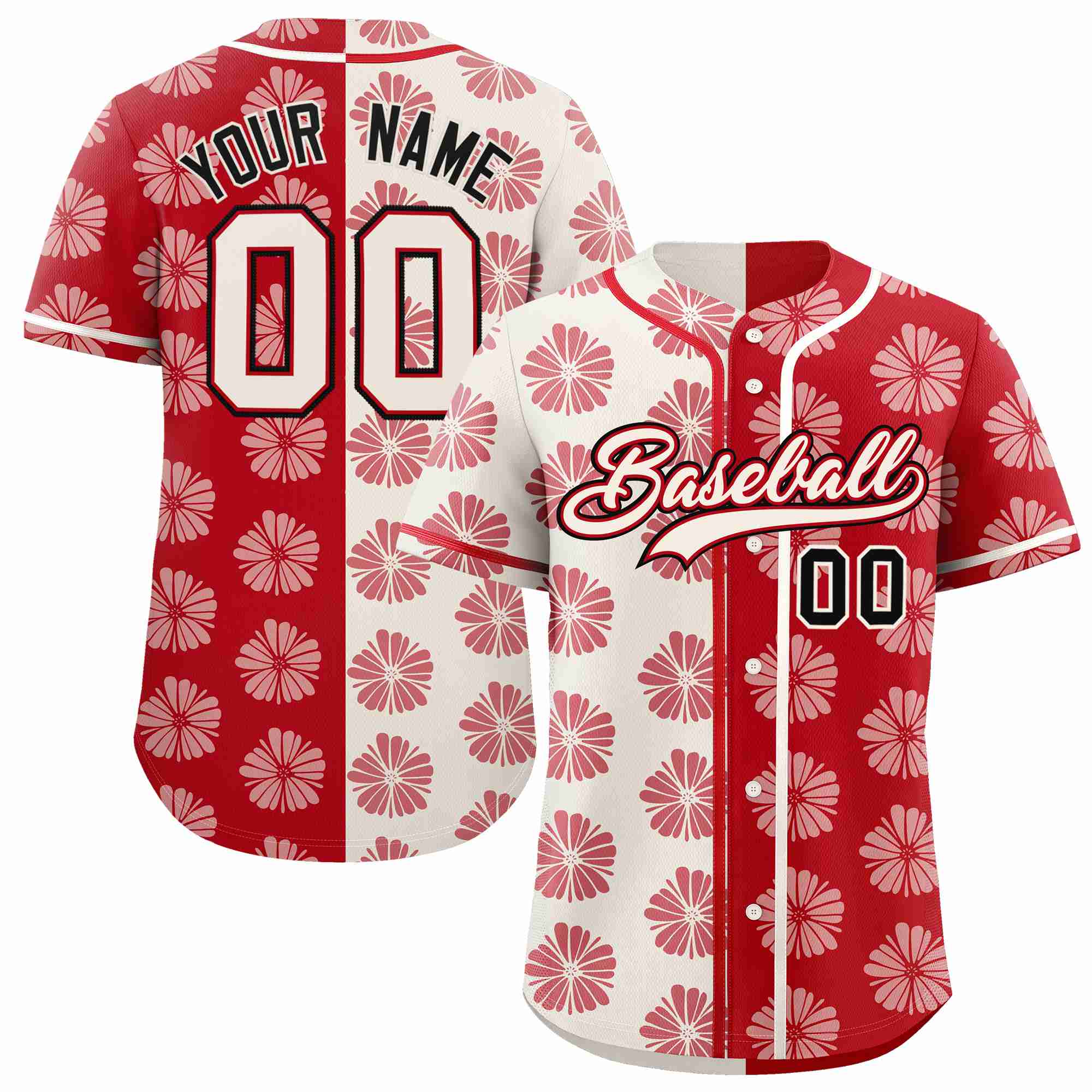 Custom Cream Red Split Fashion Flower Graffiti Pattern Authentic Baseball Jersey