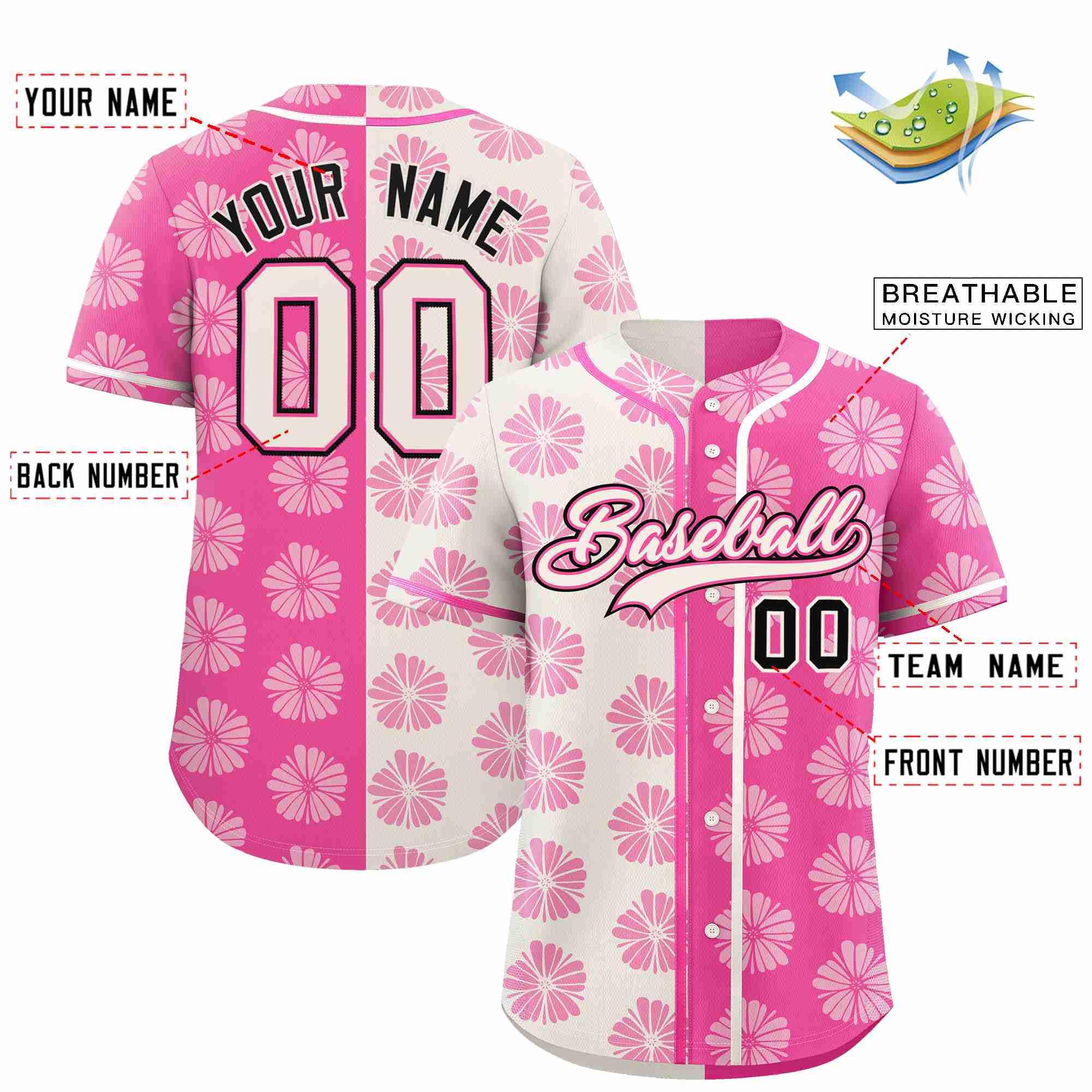 Custom Cream Pink Split Fashion Flower Graffiti Pattern Authentic Baseball Jersey