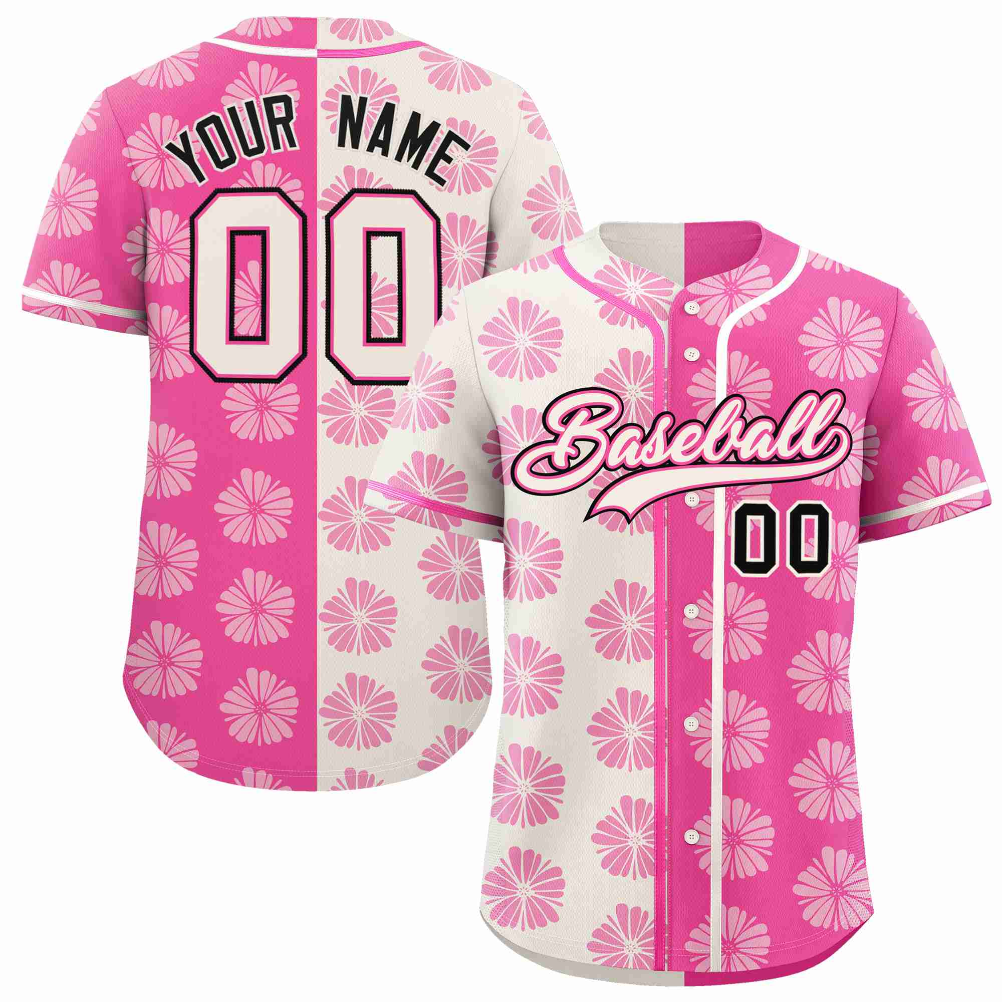 Custom Cream Pink Split Fashion Flower Graffiti Pattern Authentic Baseball Jersey