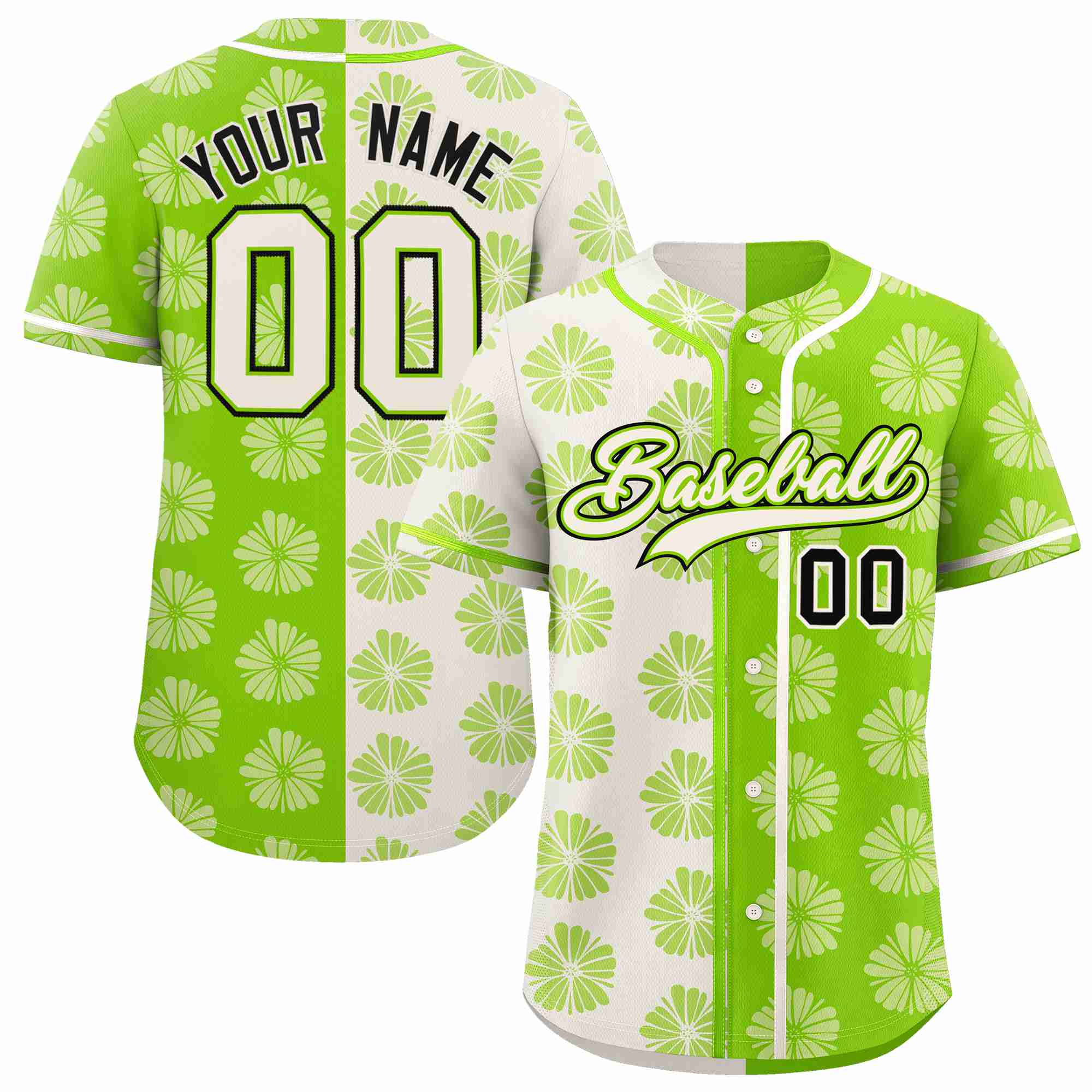 Custom Cream Neon Green Split Fashion Flower Graffiti Pattern Authentic Baseball Jersey