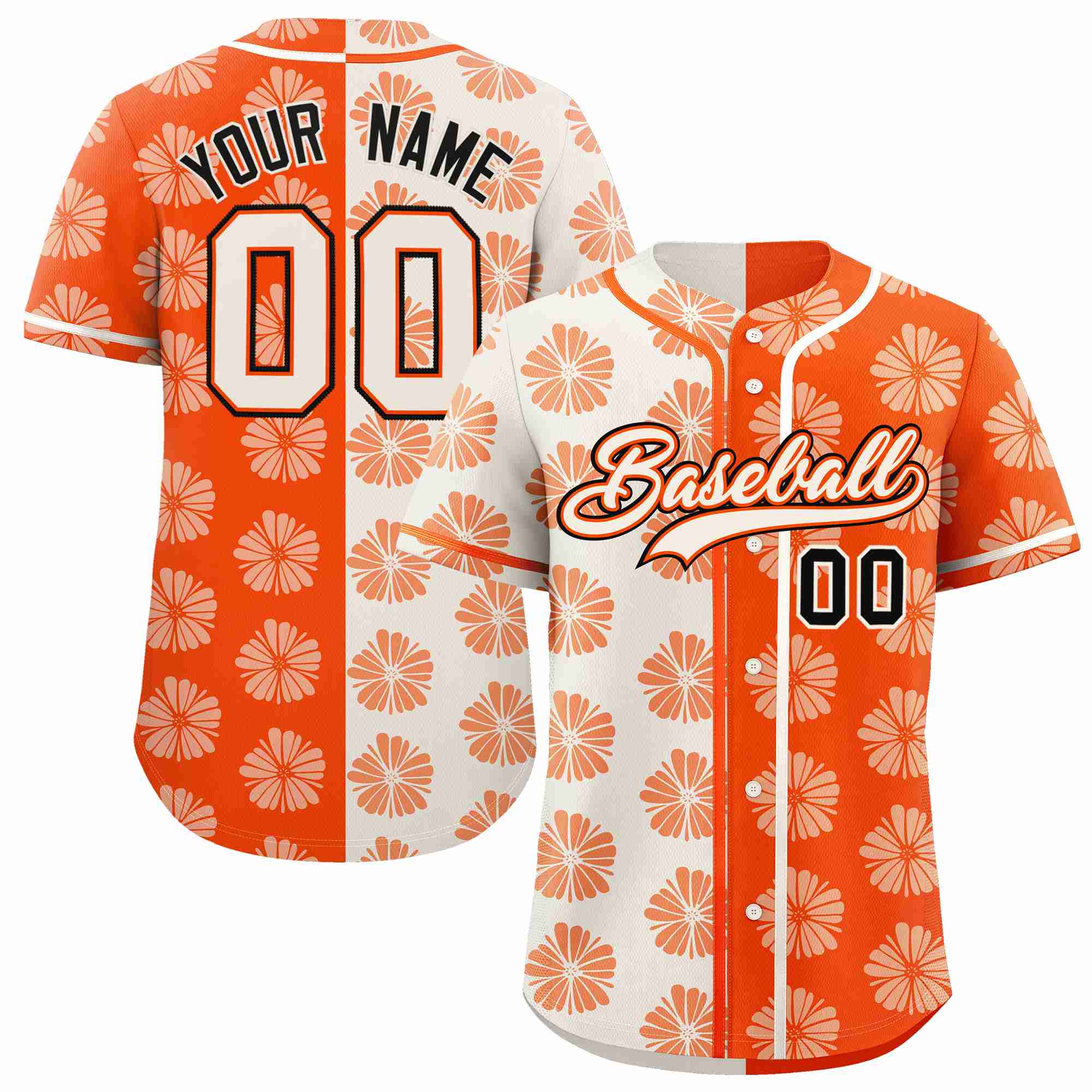 Custom Cream Orange Split Fashion Flower Graffiti Pattern Authentic Baseball Jersey