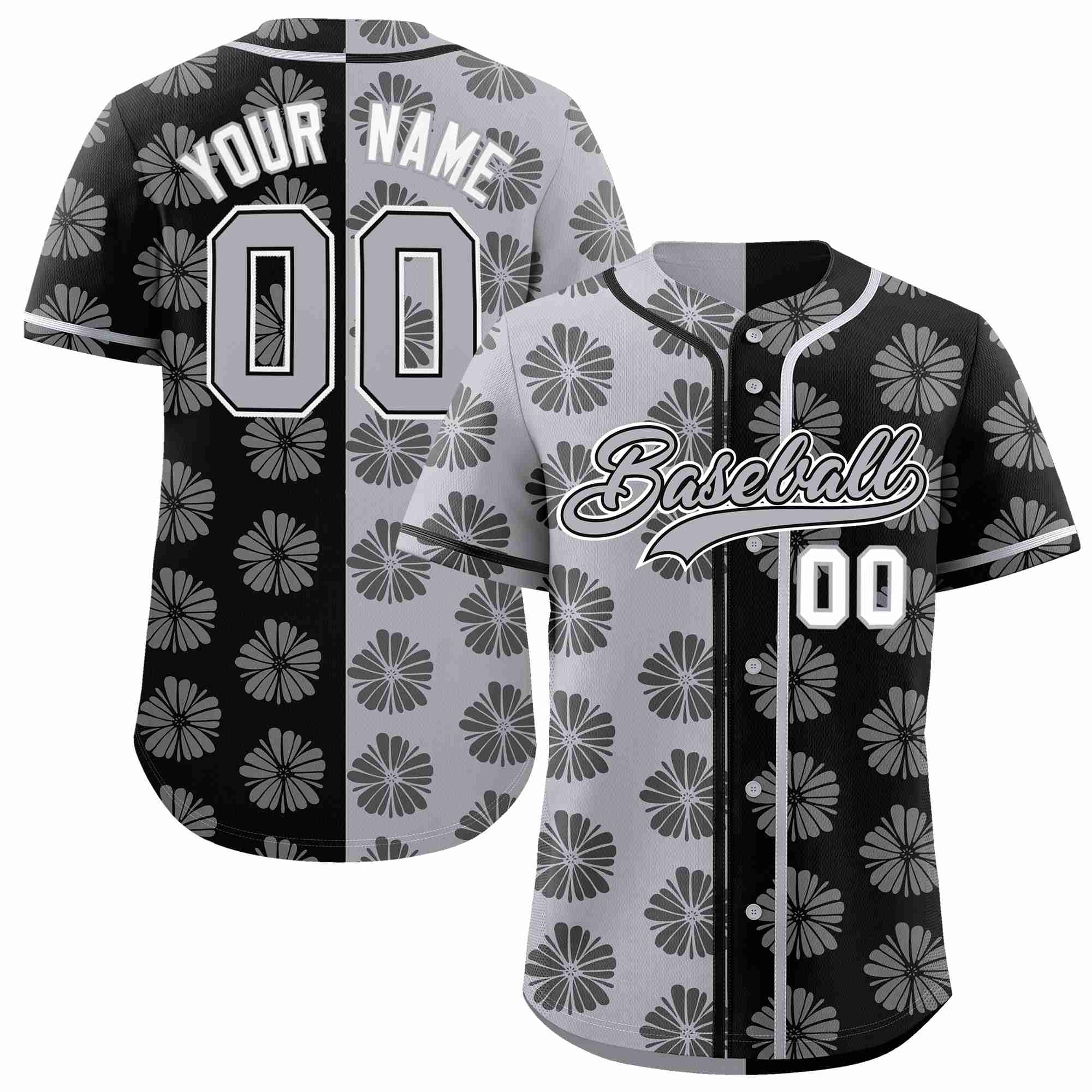 Custom Light Gray Black Split Fashion Flower Graffiti Pattern Authentic Baseball Jersey