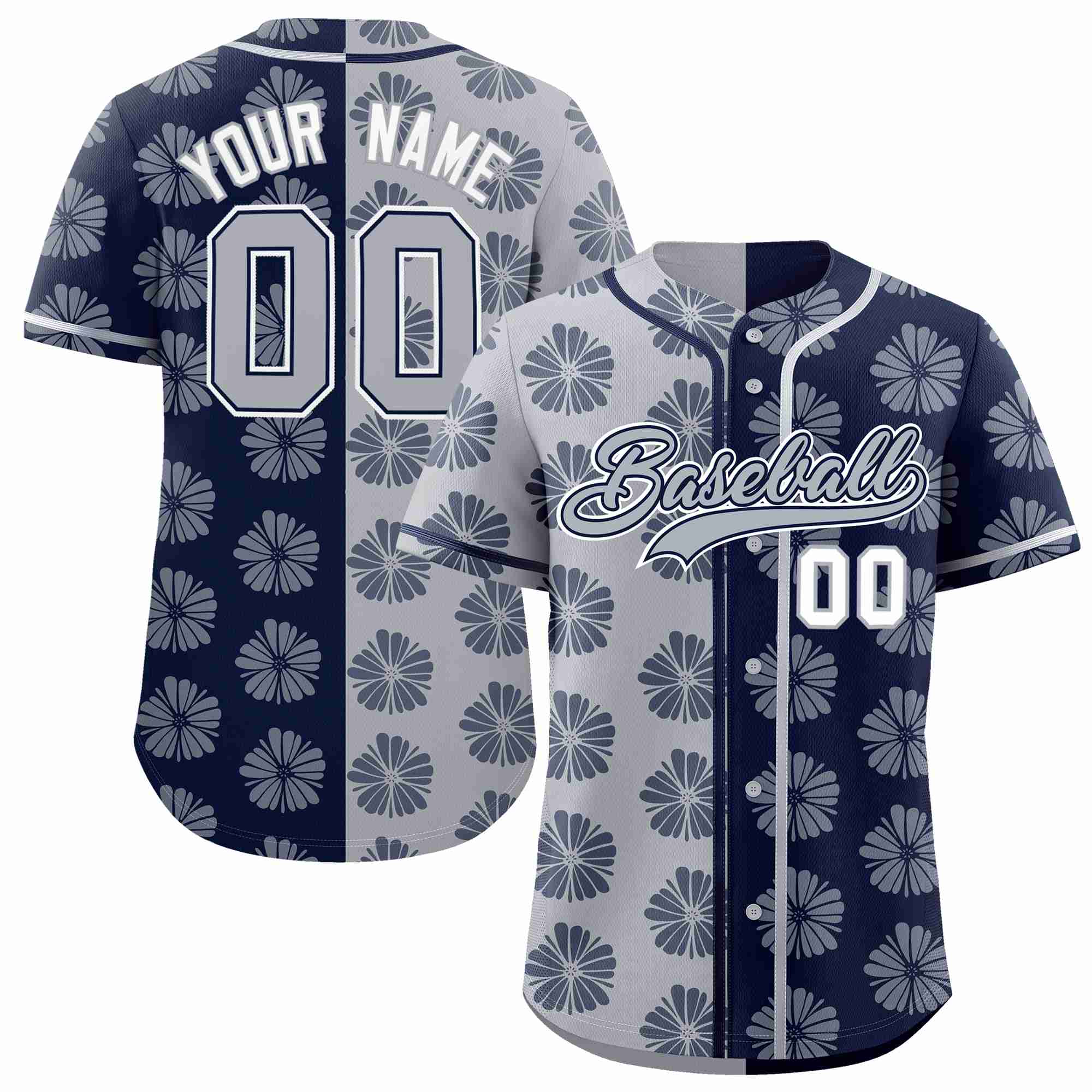 Custom Light Gray Navy Split Fashion Flower Graffiti Pattern Authentic Baseball Jersey