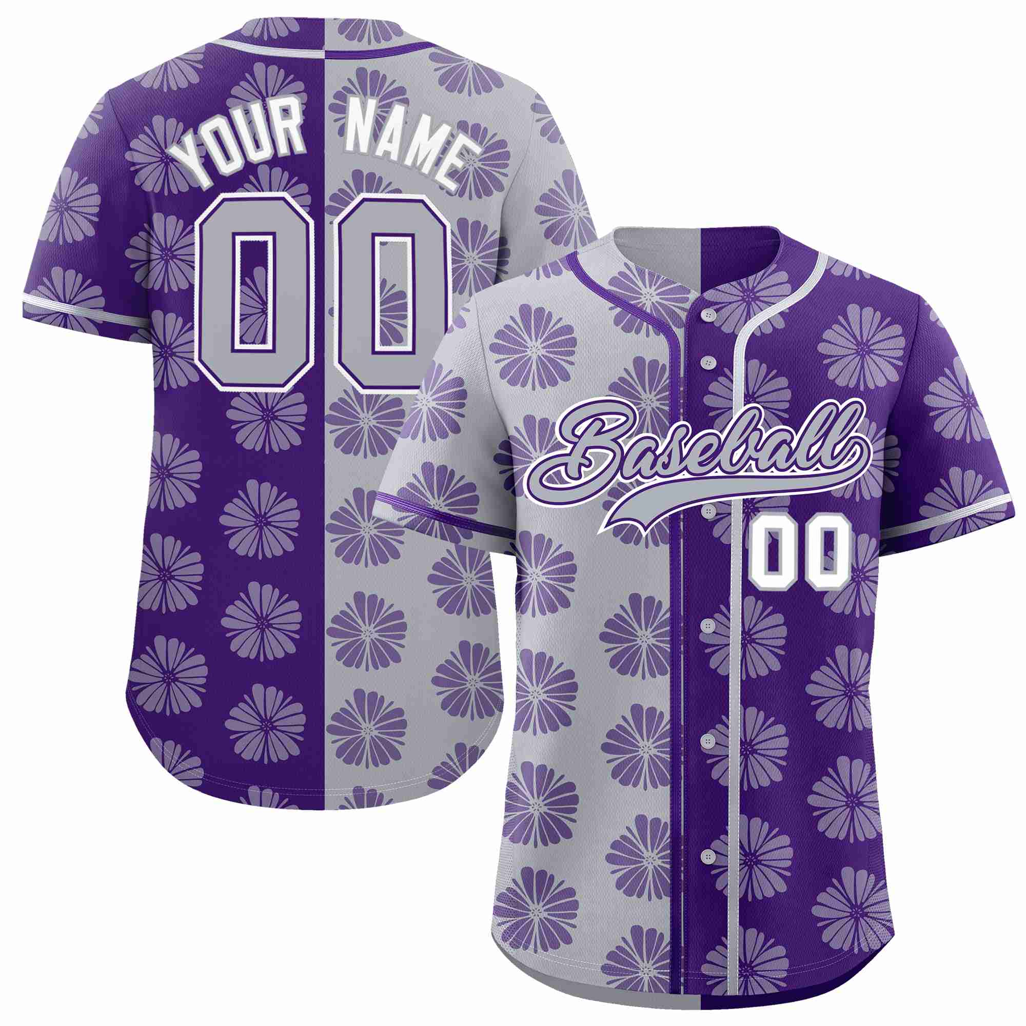 Custom Light Gray Purple Split Fashion Flower Graffiti Pattern Authentic Baseball Jersey