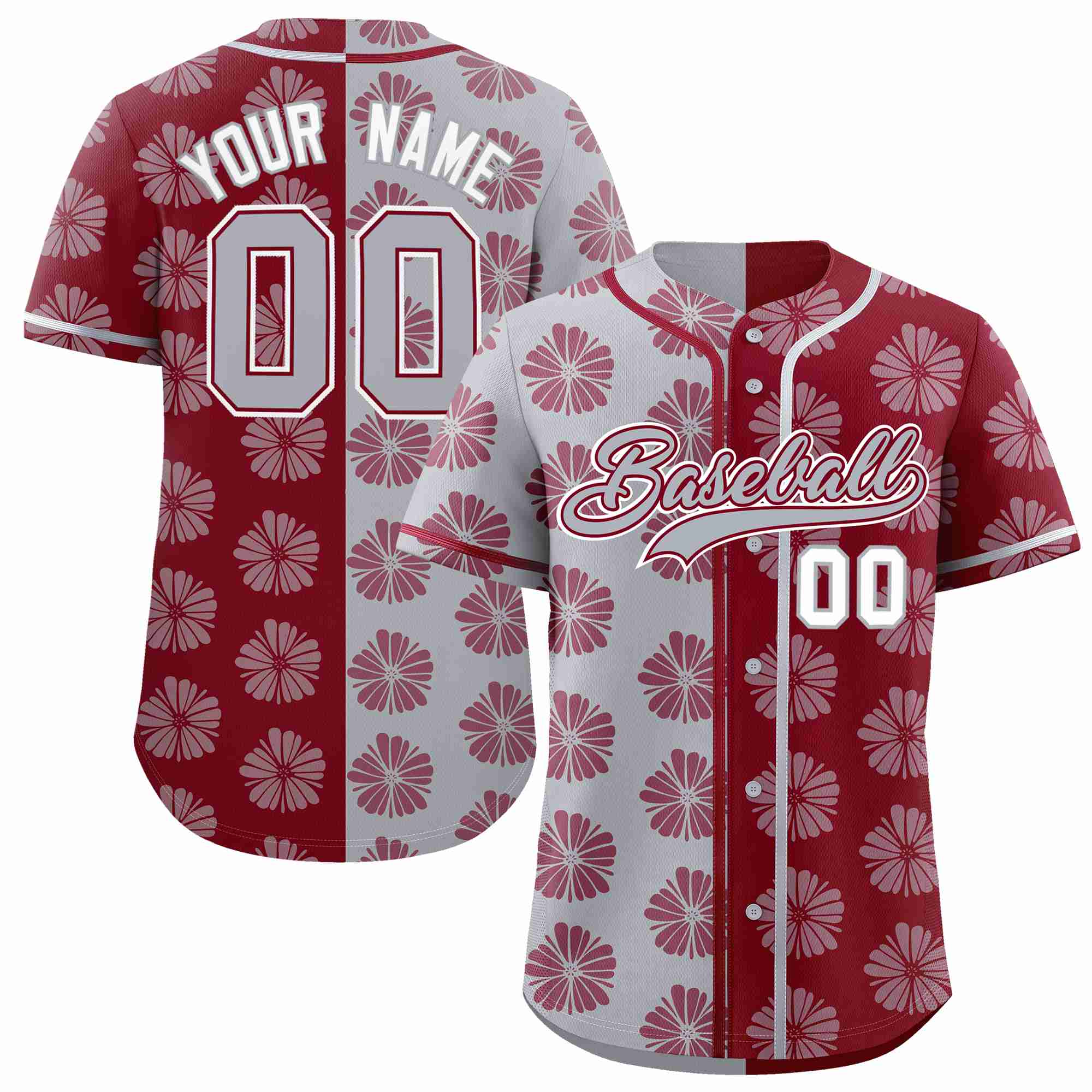 Custom Light Gray Crimson Split Fashion Flower Graffiti Pattern Authentic Baseball Jersey