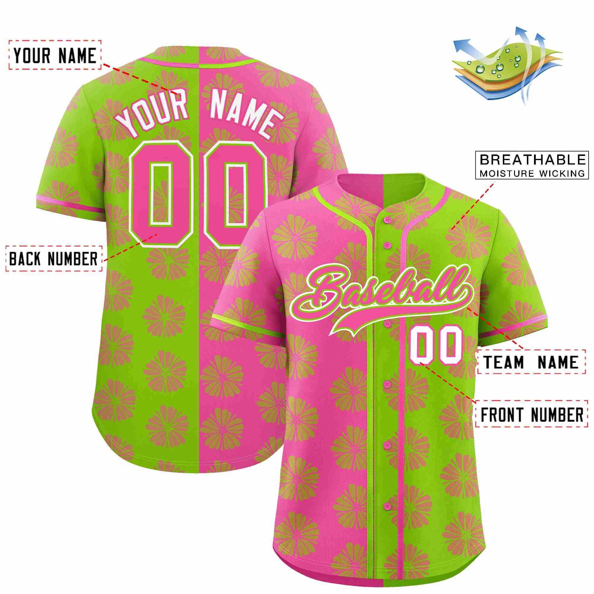 Custom Pink Neon Green Split Fashion Flower Graffiti Pattern Authentic Baseball Jersey