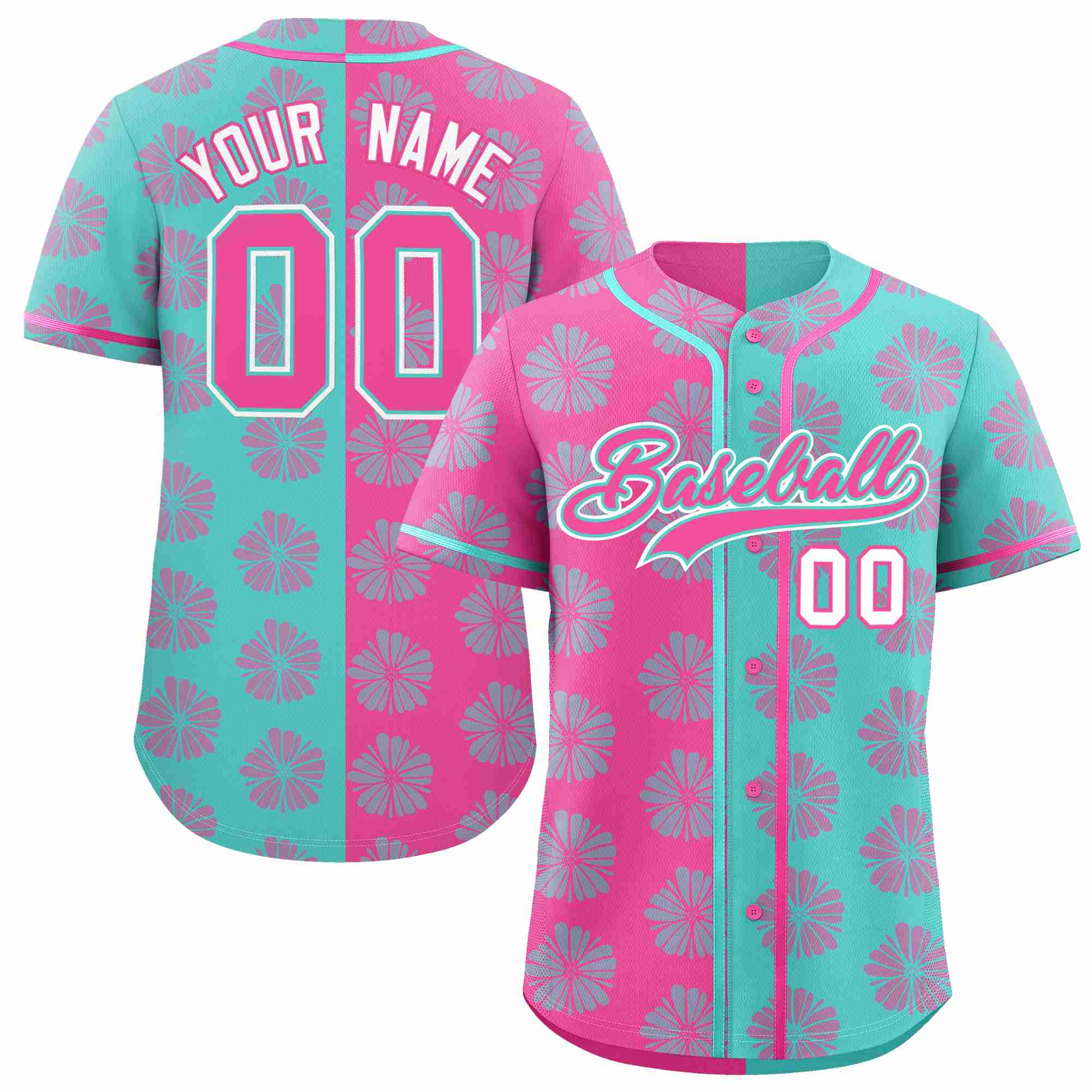 Custom Pink Aqua Split Fashion Flower Graffiti Pattern Authentic Baseball Jersey