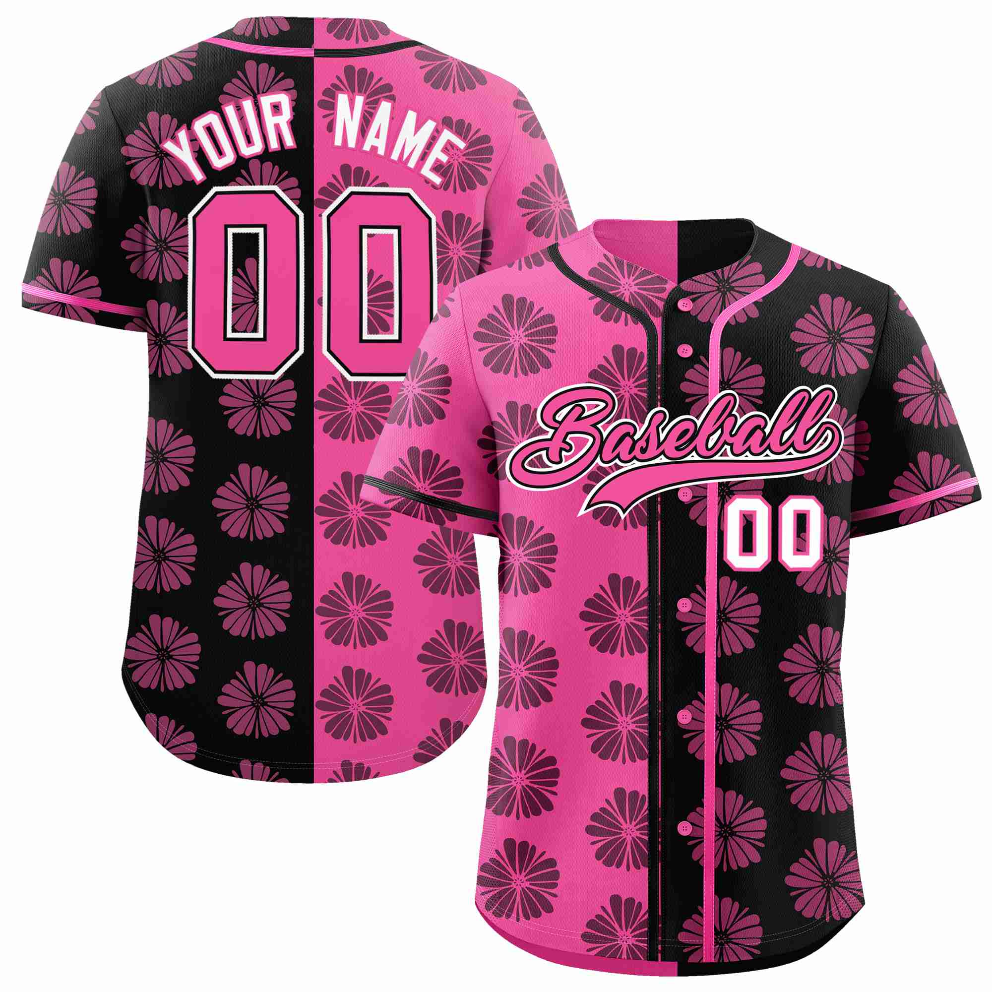 Custom Pink Black Split Fashion Flower Graffiti Pattern Authentic Baseball Jersey