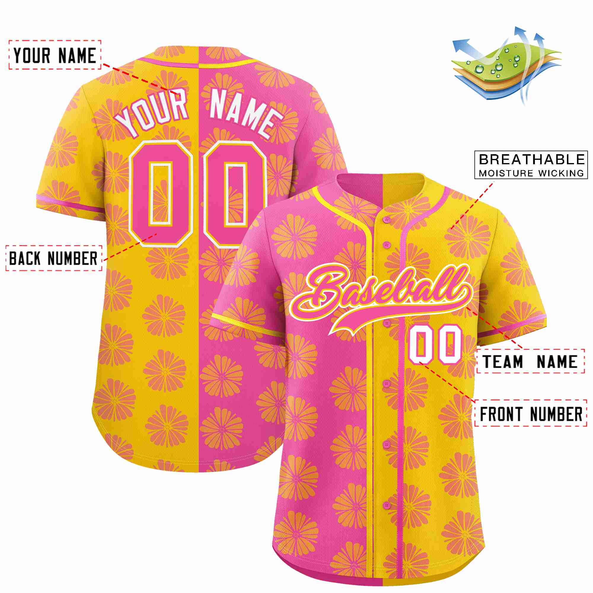 Custom Pink Gold Split Fashion Flower Graffiti Pattern Authentic Baseball Jersey