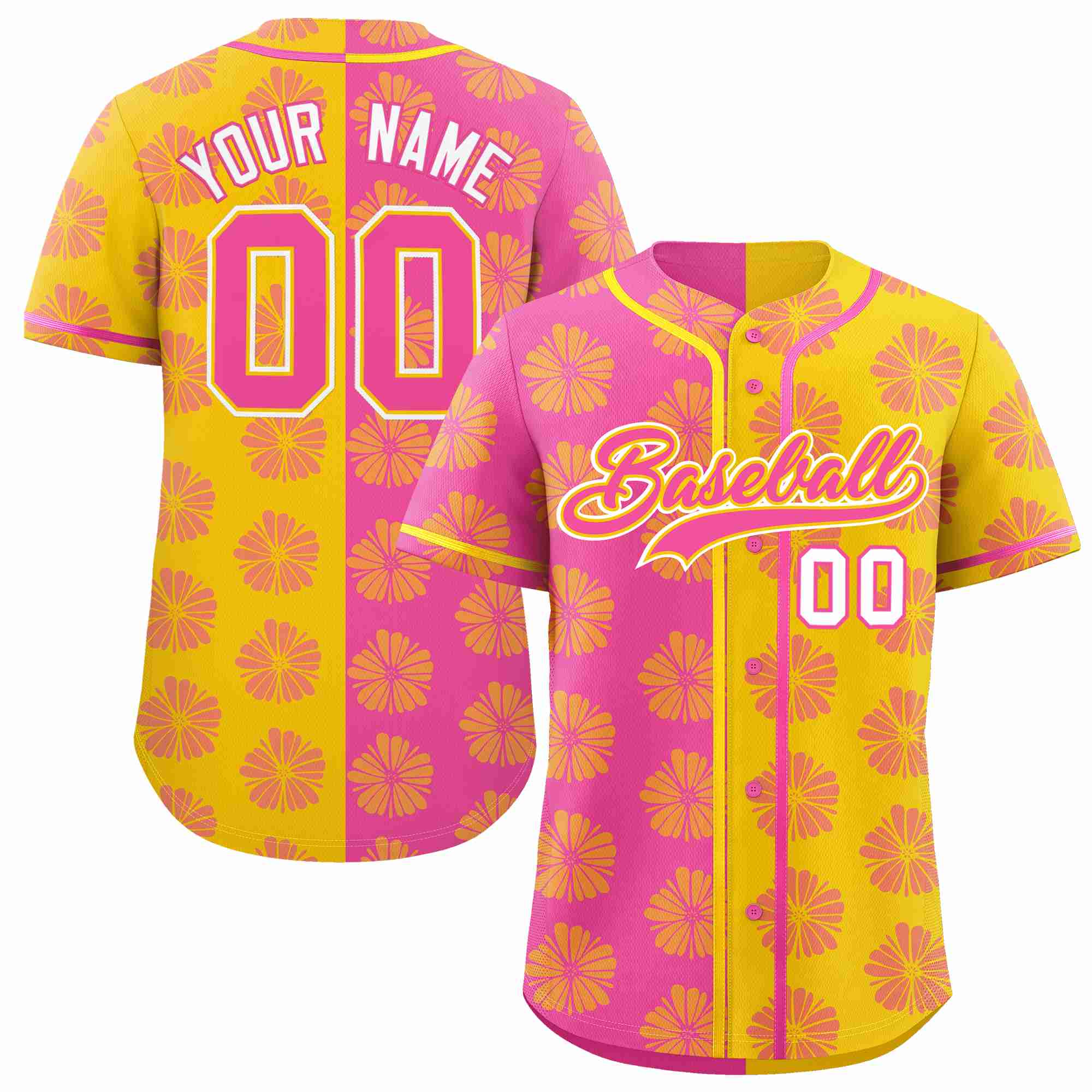 Custom Pink Gold Split Fashion Flower Graffiti Pattern Authentic Baseball Jersey