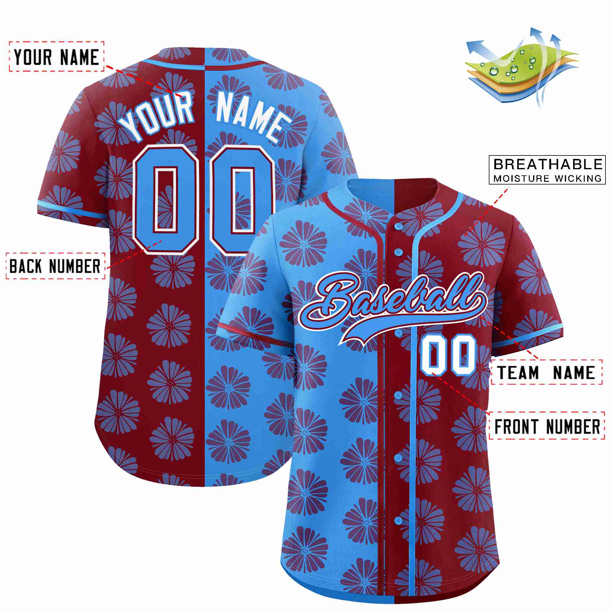 Custom Powder Blue Crimson Split Fashion Flower Graffiti Pattern Authentic Baseball Jersey