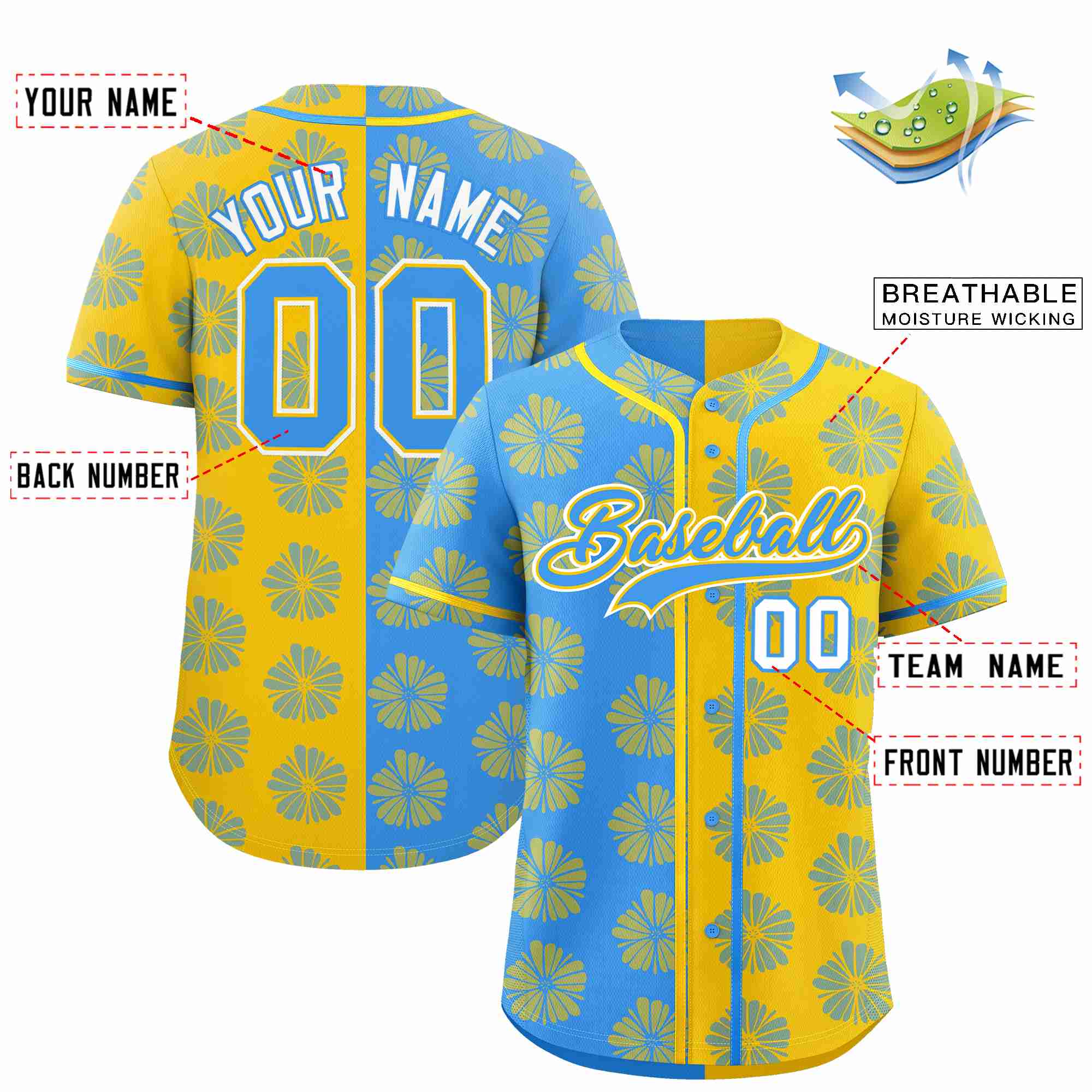 Custom Powder Blue Gold Split Fashion Flower Graffiti Pattern Authentic Baseball Jersey