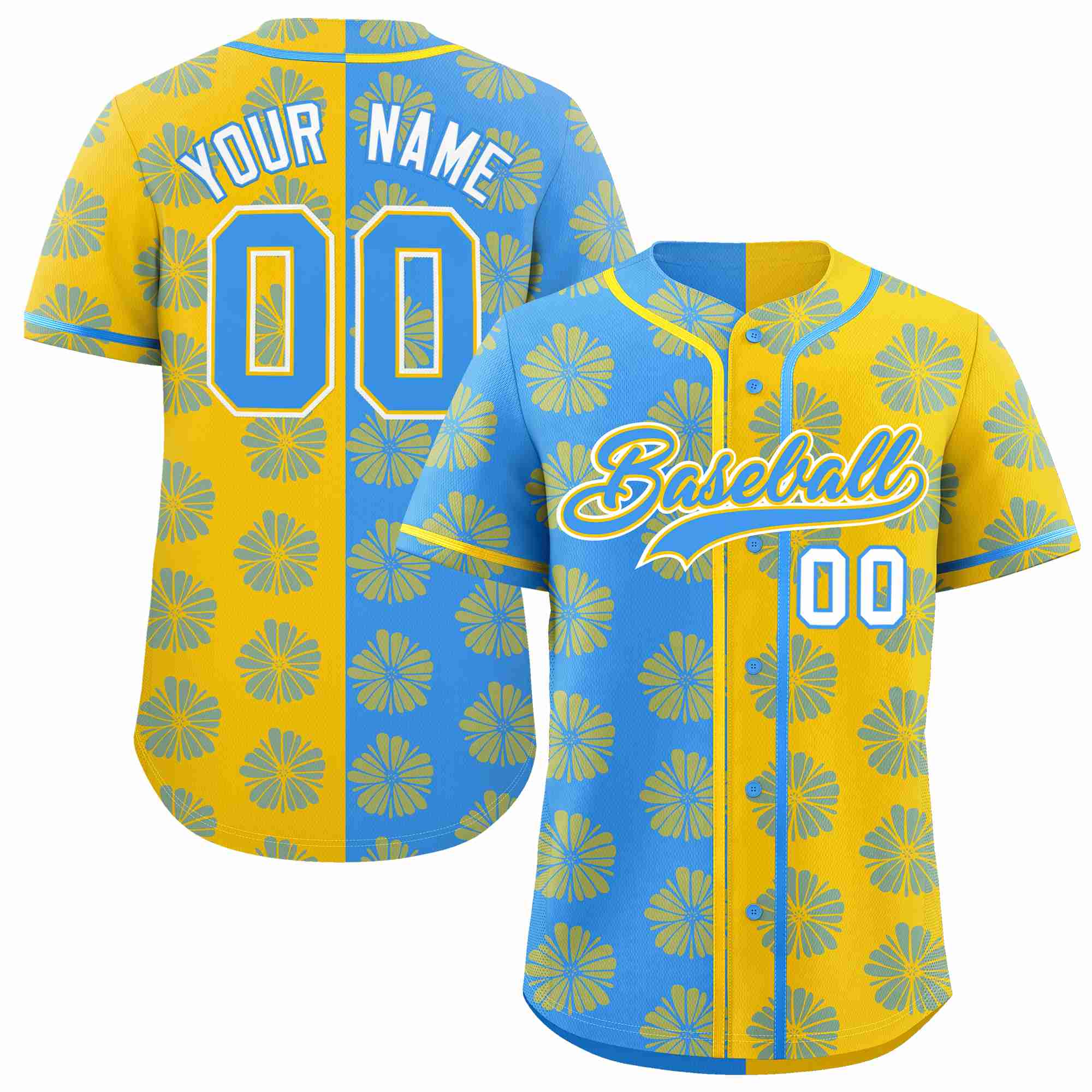 Custom Powder Blue Gold Split Fashion Flower Graffiti Pattern Authentic Baseball Jersey