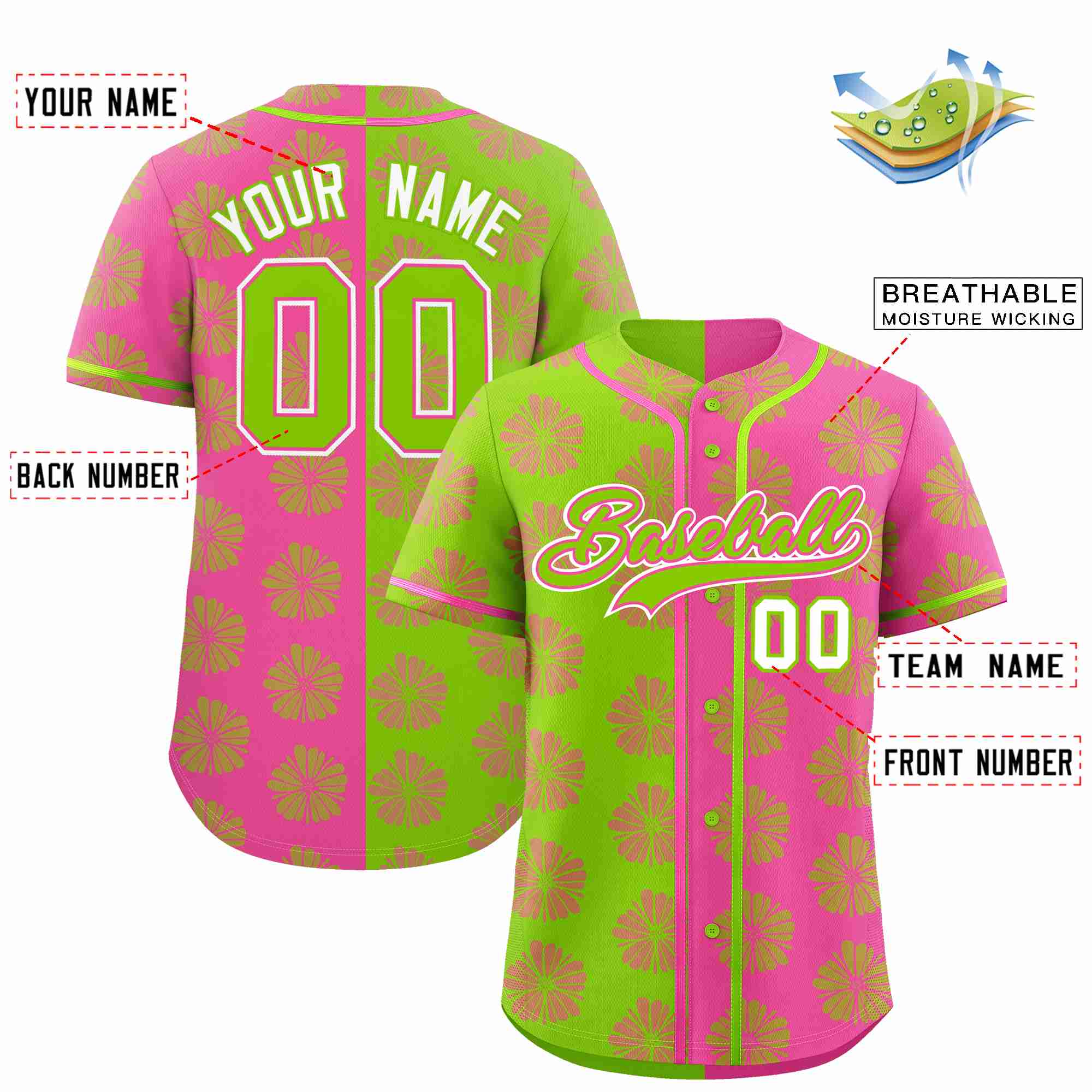 Custom Neon Green Pink Split Fashion Flower Graffiti Pattern Authentic Baseball Jersey