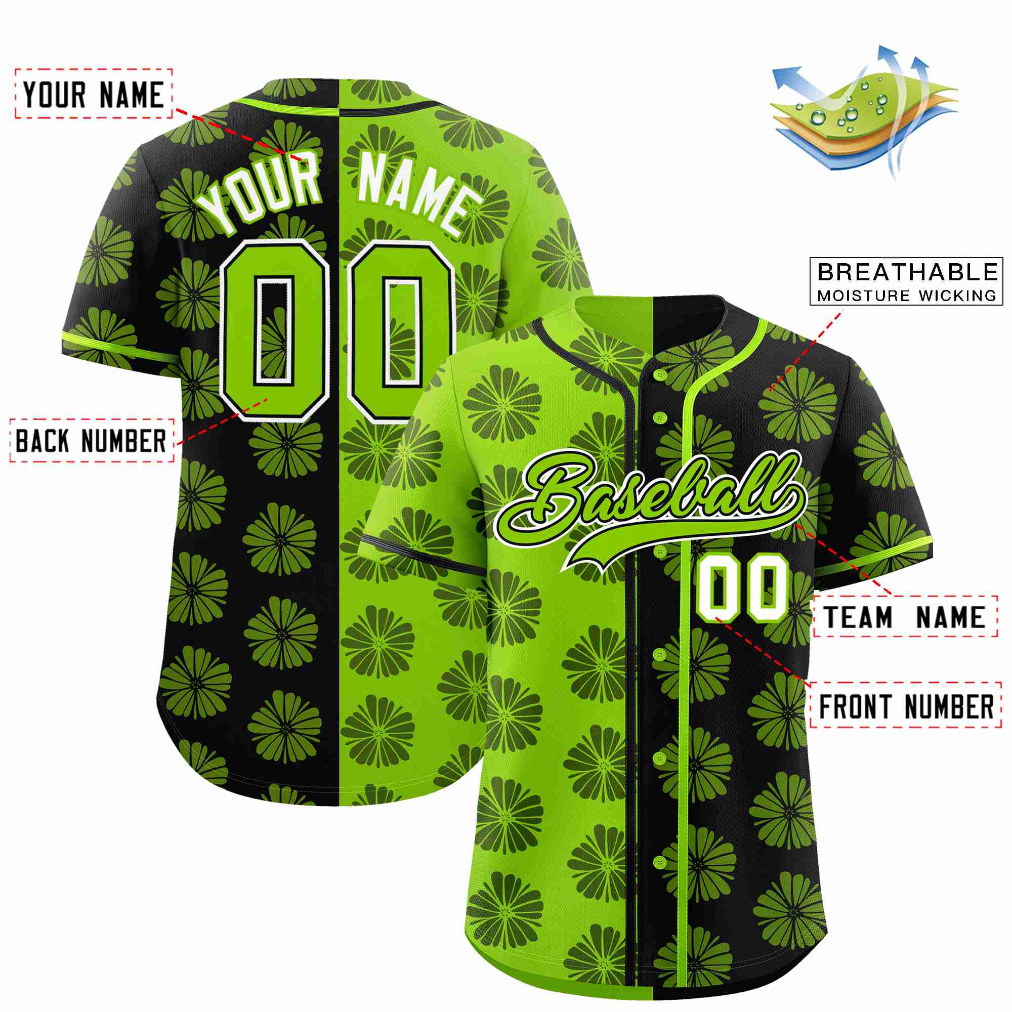 Custom Neon Green Black Split Fashion Flower Graffiti Pattern Authentic Baseball Jersey