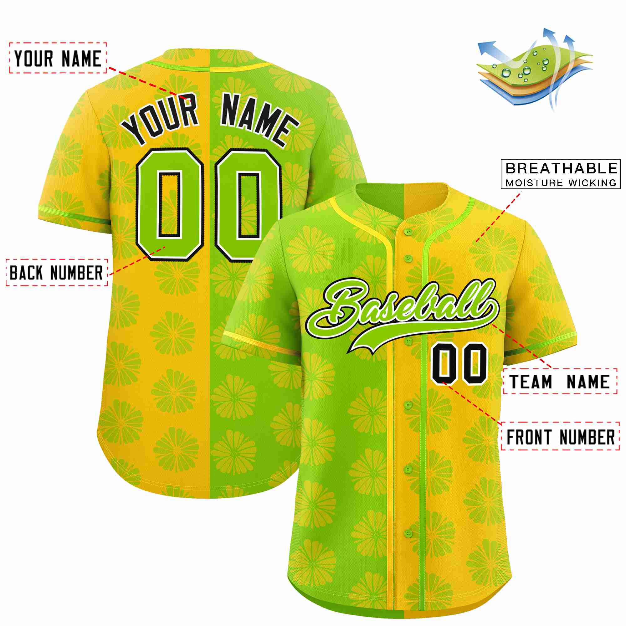 Custom Neon Green Gold Split Fashion Flower Graffiti Pattern Authentic Baseball Jersey