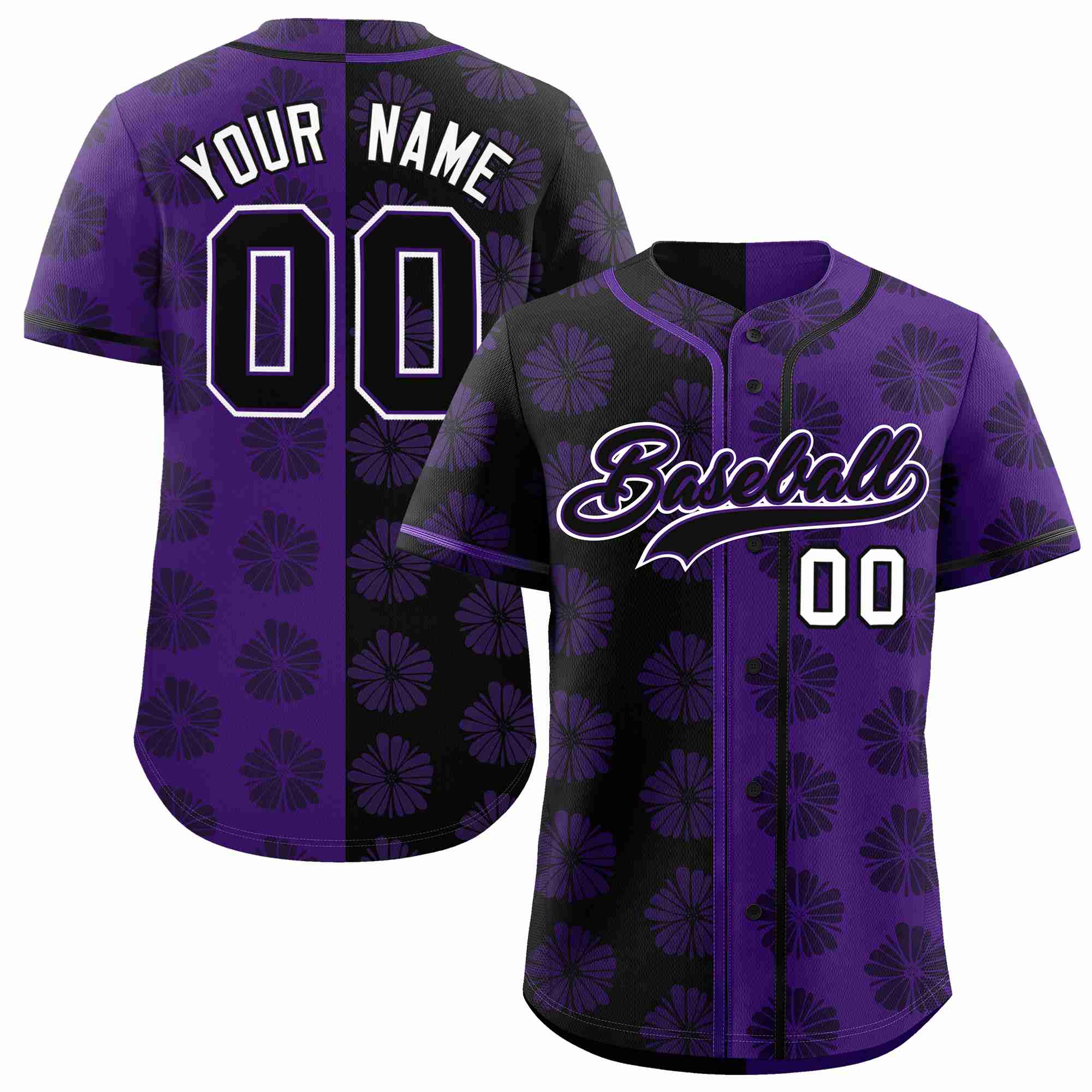 Custom Black Purple Split Fashion Flower Graffiti Pattern Authentic Baseball Jersey