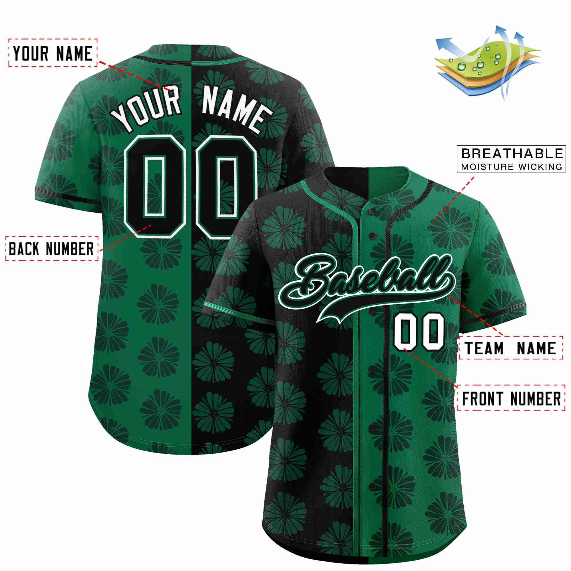 Maillot de Baseball personnalisé noir Kelly vert fendu, motif fleur Graffiti, authentique