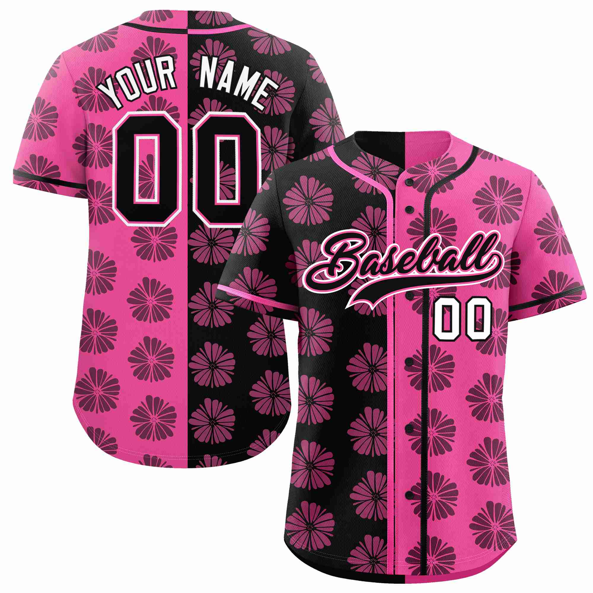 Custom Black Pink Split Fashion Flower Graffiti Pattern Authentic Baseball Jersey