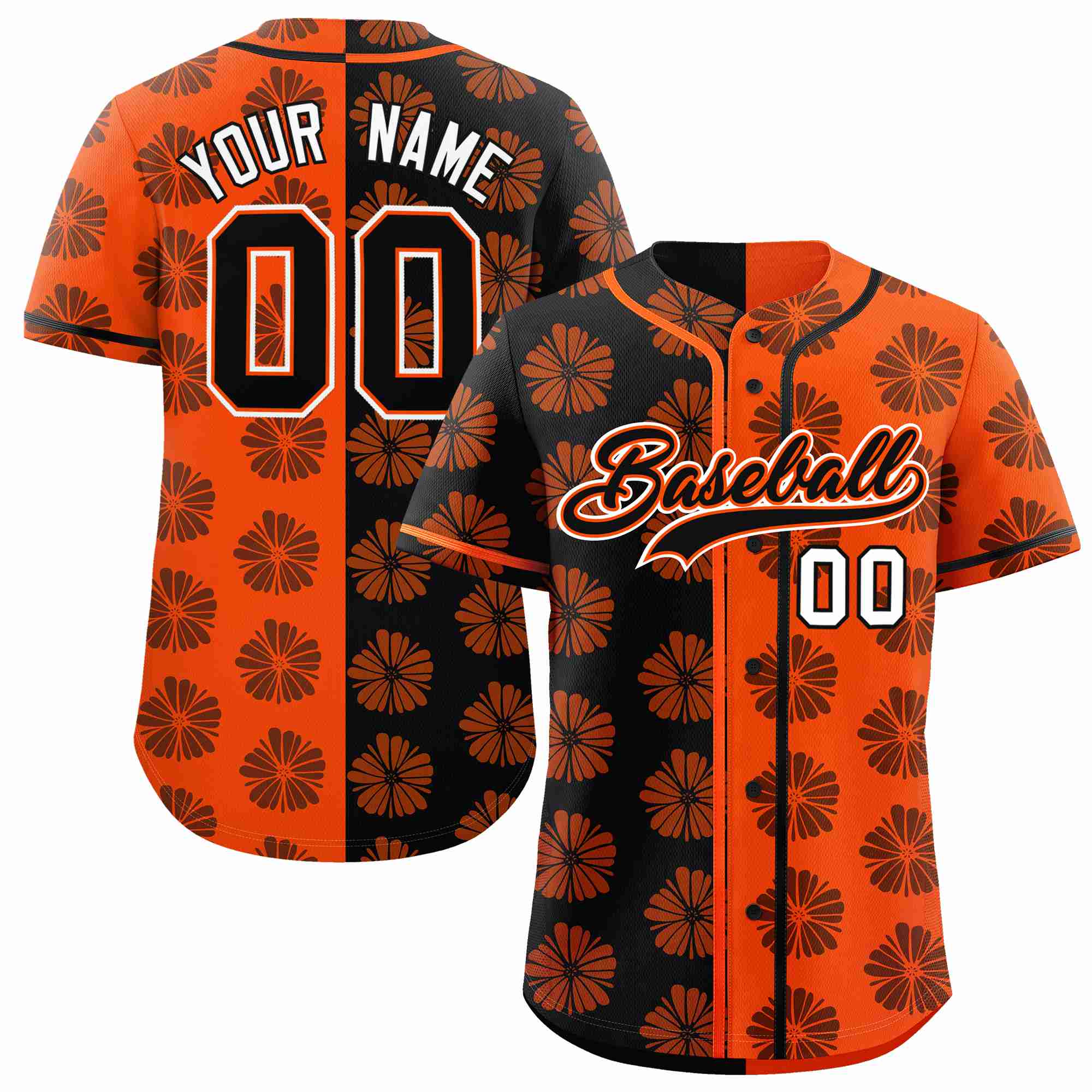 Custom Black Orange Split Fashion Flower Graffiti Pattern Authentic Baseball Jersey