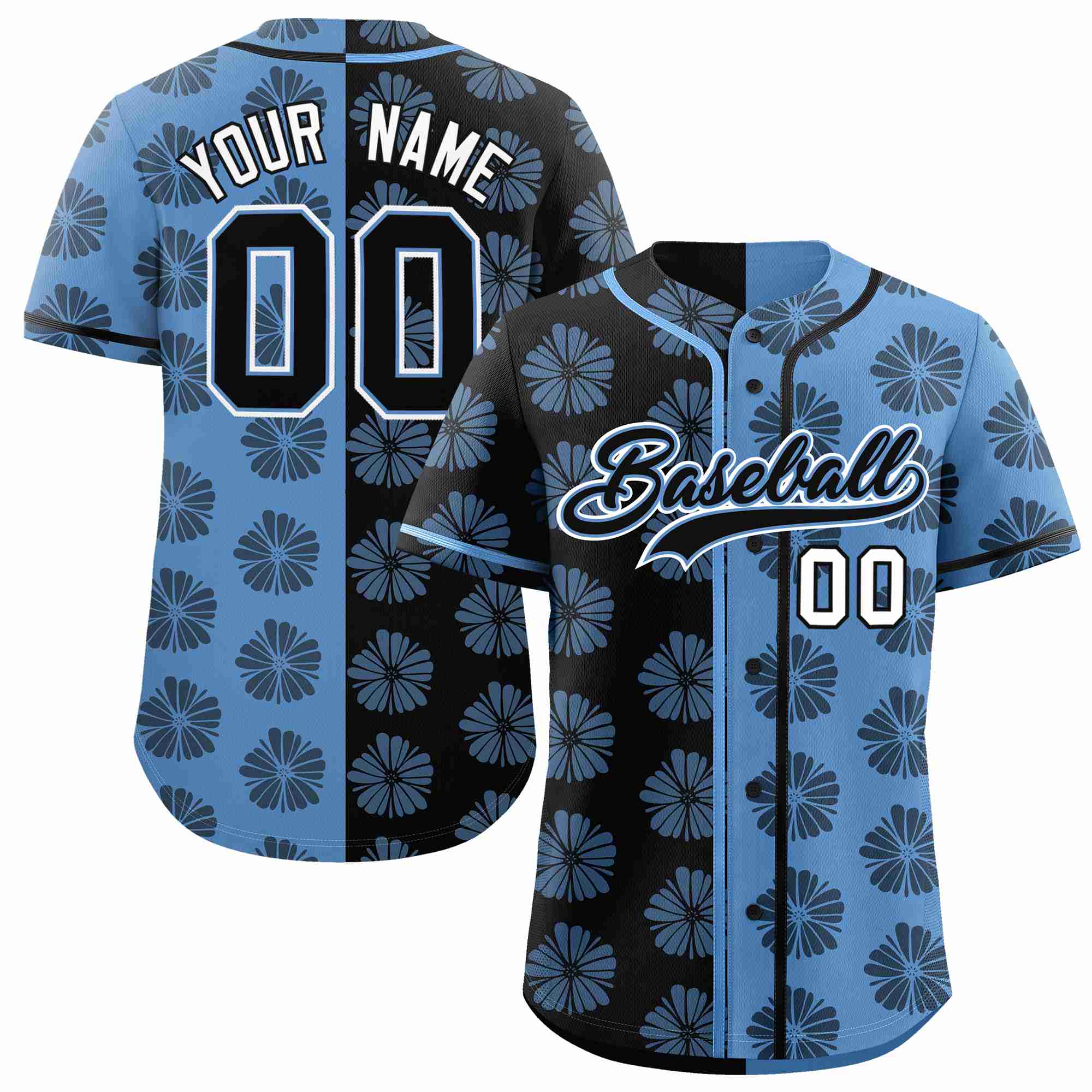 Custom Black Light Blue Split Fashion Flower Graffiti Pattern Authentic Baseball Jersey