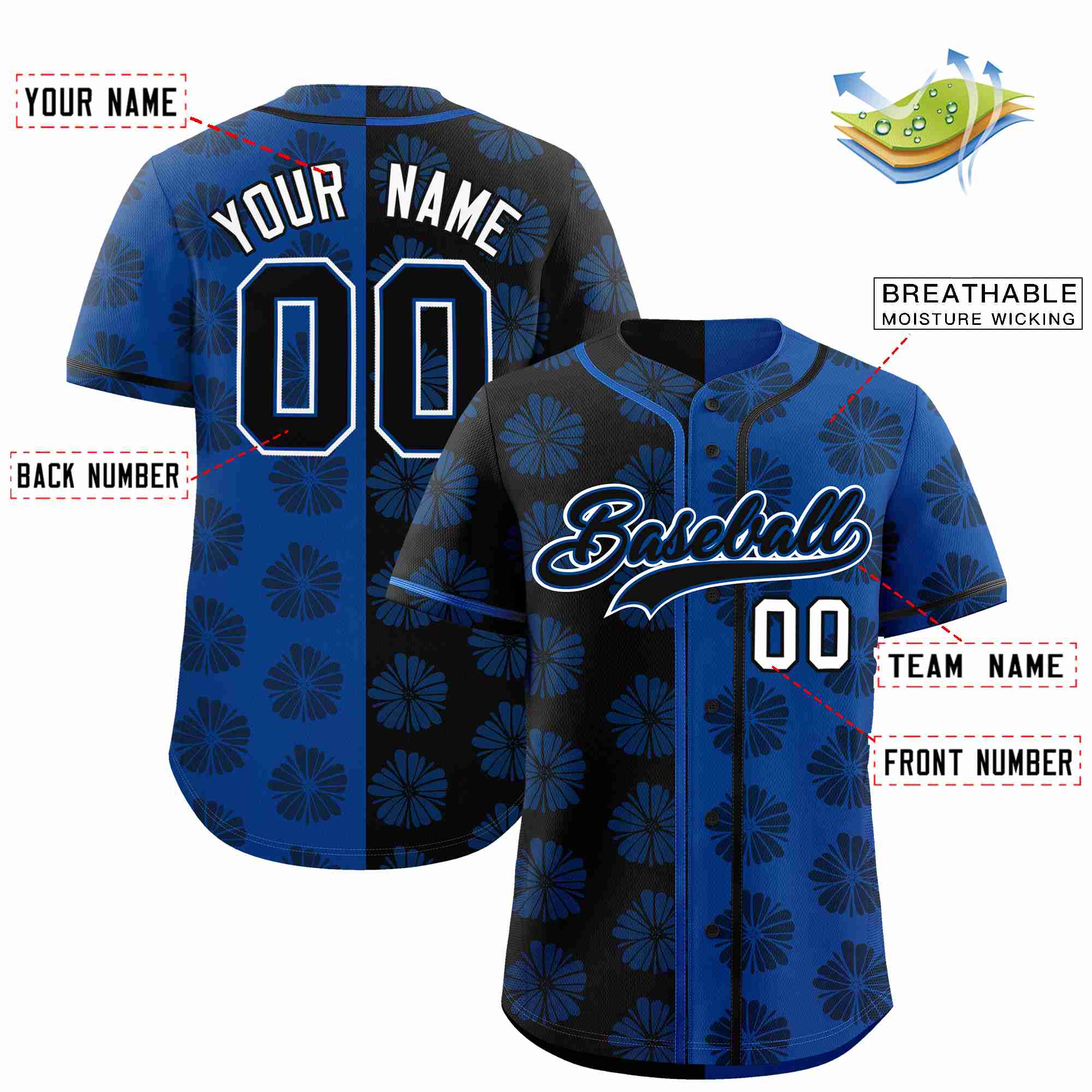 Custom Black Royal Split Fashion Flower Graffiti Pattern Authentic Baseball Jersey