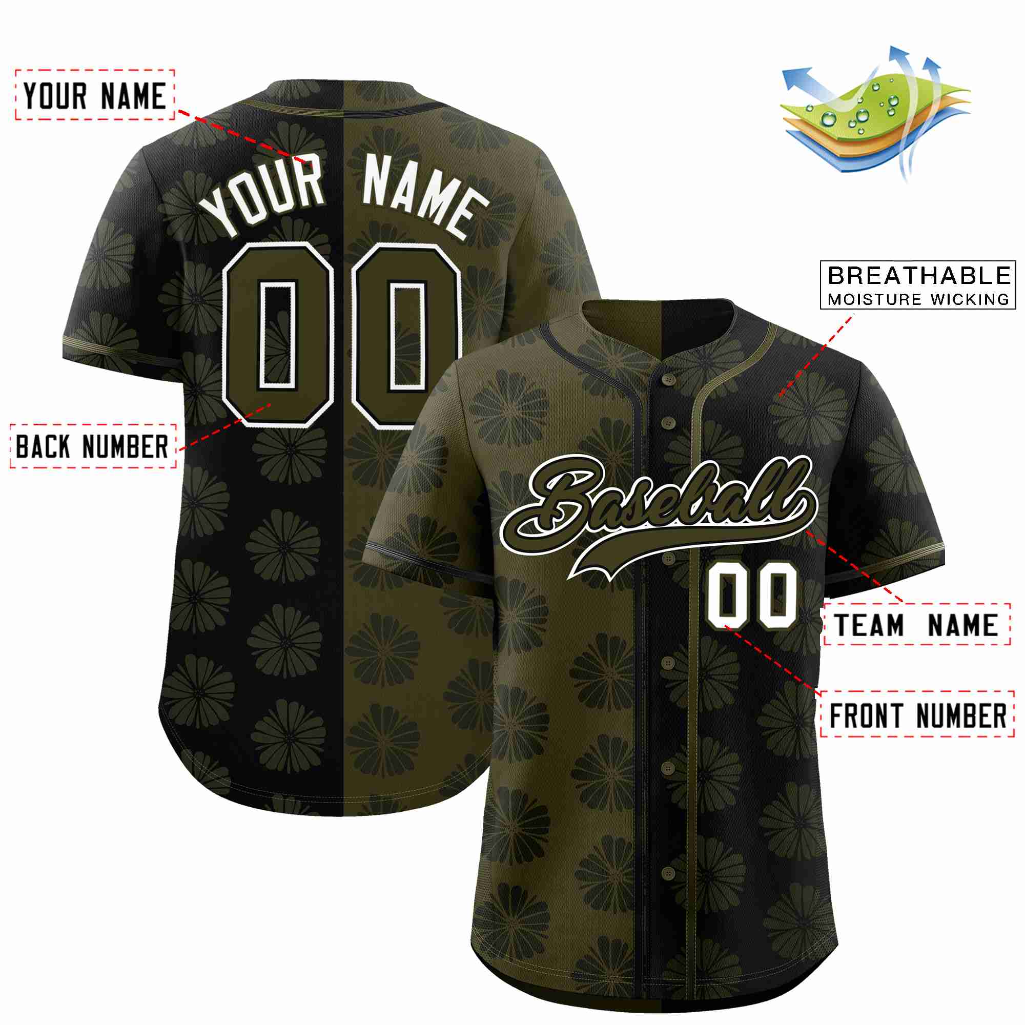 Custom Olive Black Split Fashion Flower Graffiti Pattern Authentic Baseball Jersey