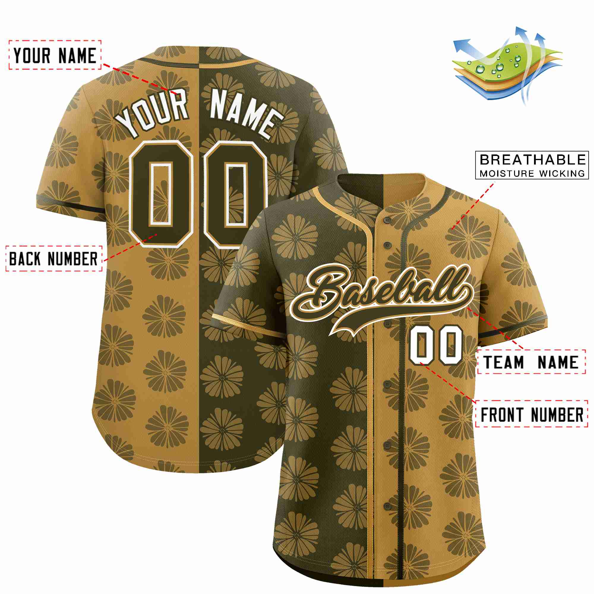 Custom Olive Old Gold Split Fashion Flower Graffiti Pattern Authentic Baseball Jersey