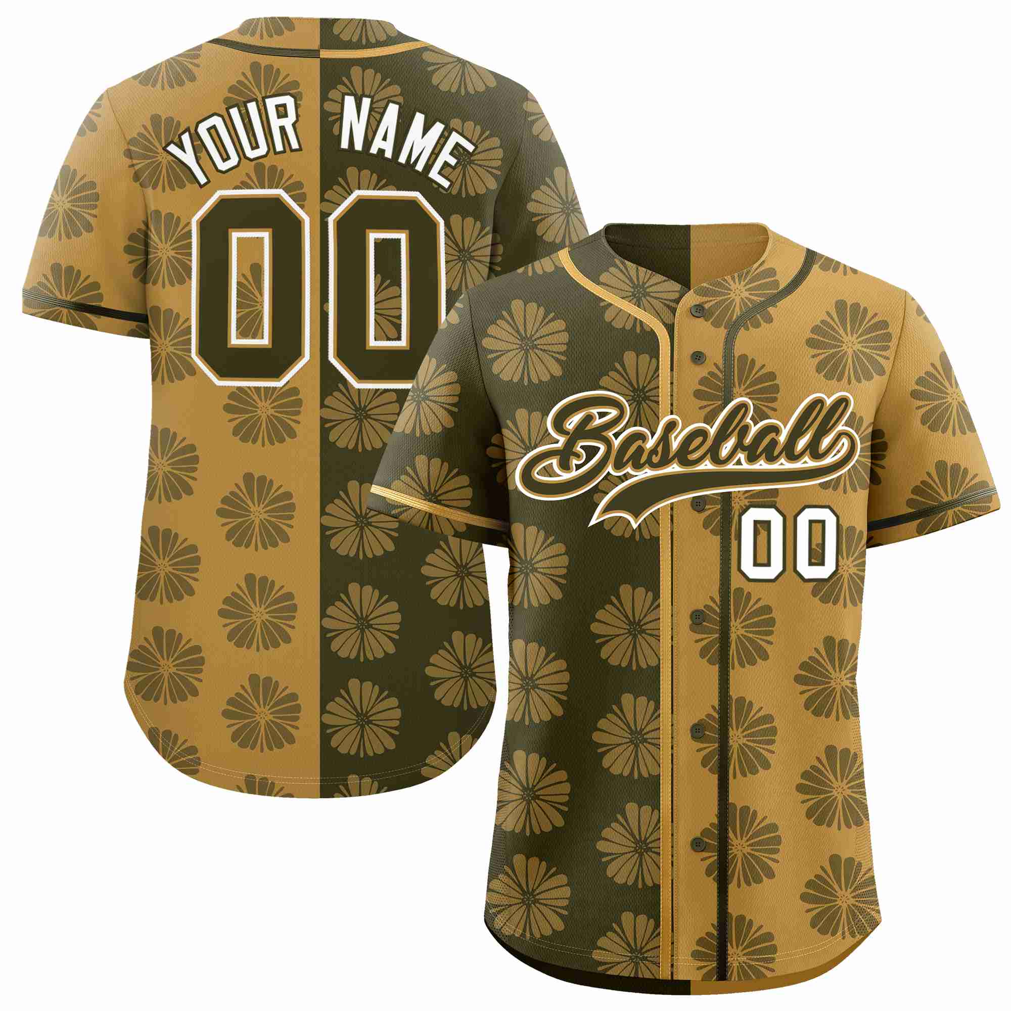 Custom Olive Old Gold Split Fashion Flower Graffiti Pattern Authentic Baseball Jersey