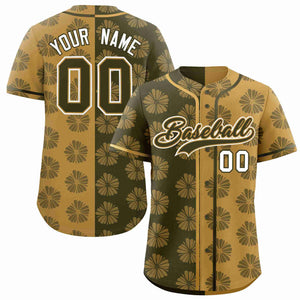 Custom Olive Old Gold Split Fashion Flower Graffiti Pattern Authentic Baseball Jersey