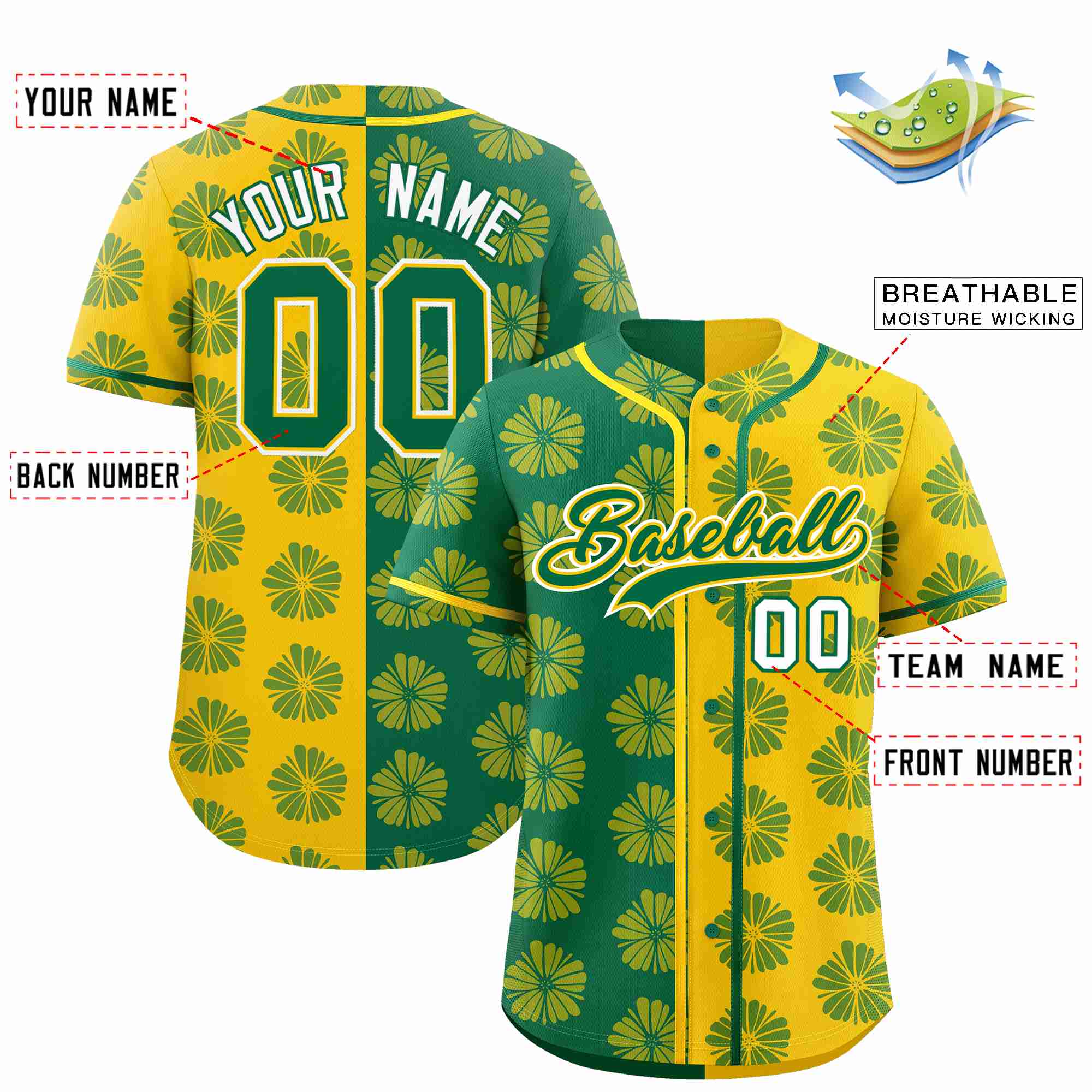 Custom Kelly Green Gold Split Fashion Flower Graffiti Pattern Authentic Baseball Jersey