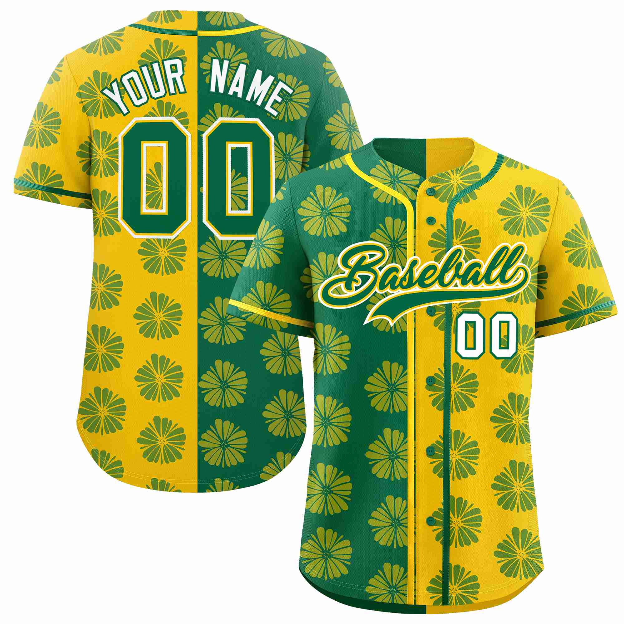 Custom Kelly Green Gold Split Fashion Flower Graffiti Pattern Authentic Baseball Jersey