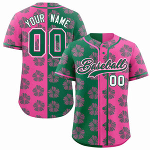 Custom Kelly Green Pink Split Fashion Flower Graffiti Pattern Authentic Baseball Jersey