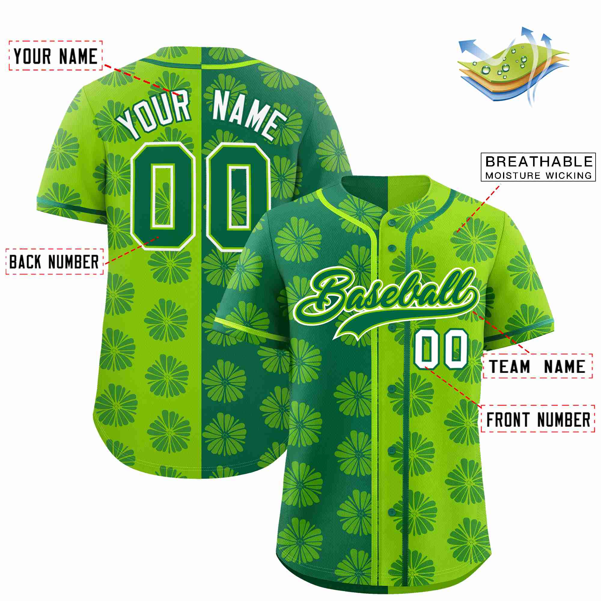 Custom Kelly Green Neon Green Split Fashion Flower Graffiti Pattern Authentic Baseball Jersey