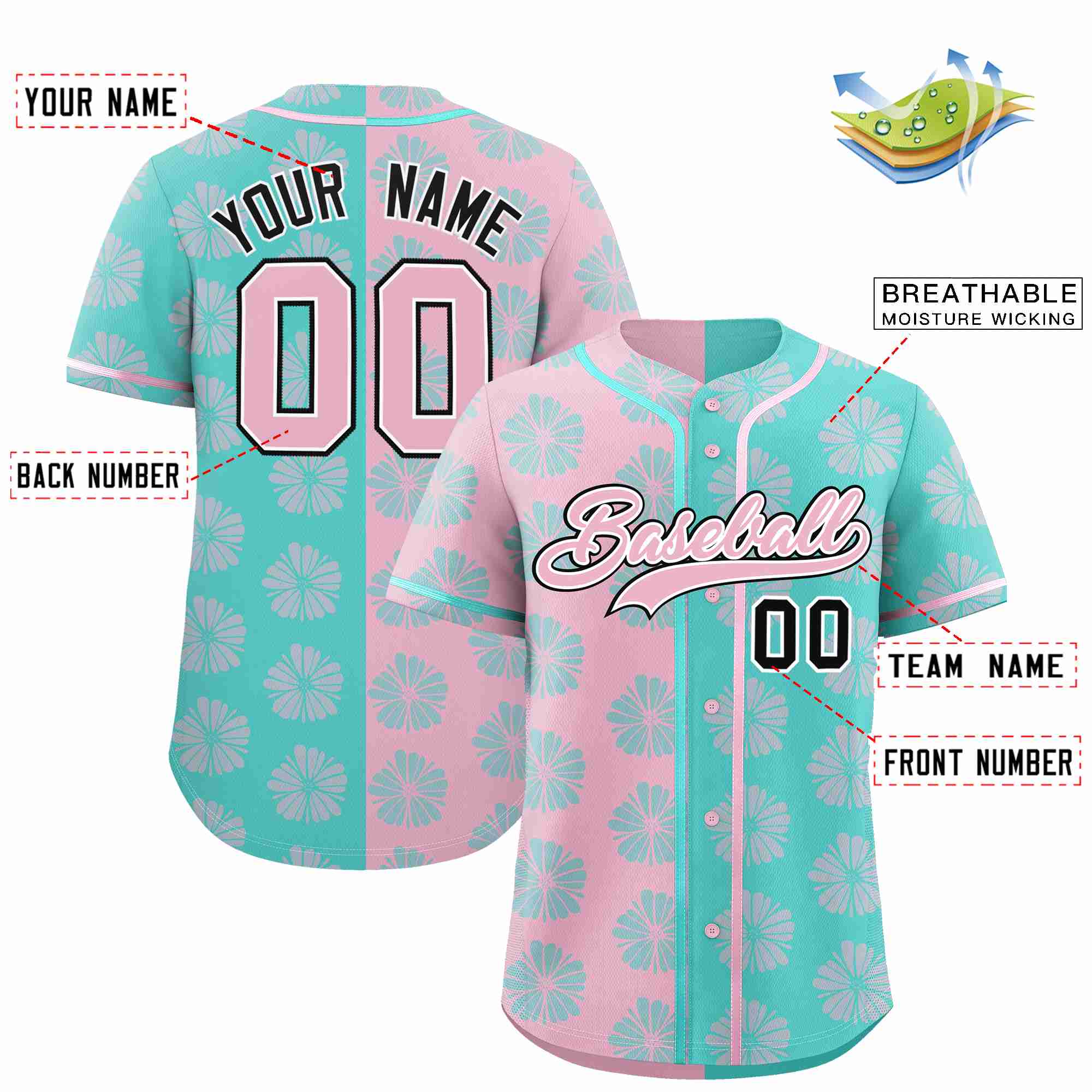 Custom Light Pink Aqua Split Fashion Flower Graffiti Pattern Authentic Baseball Jersey