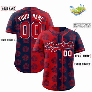 Custom Red Navy Split Fashion Flower Graffiti Pattern Authentic Baseball Jersey