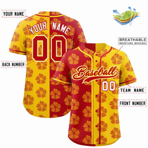 Custom Red Gold Split Fashion Flower Graffiti Pattern Authentic Baseball Jersey