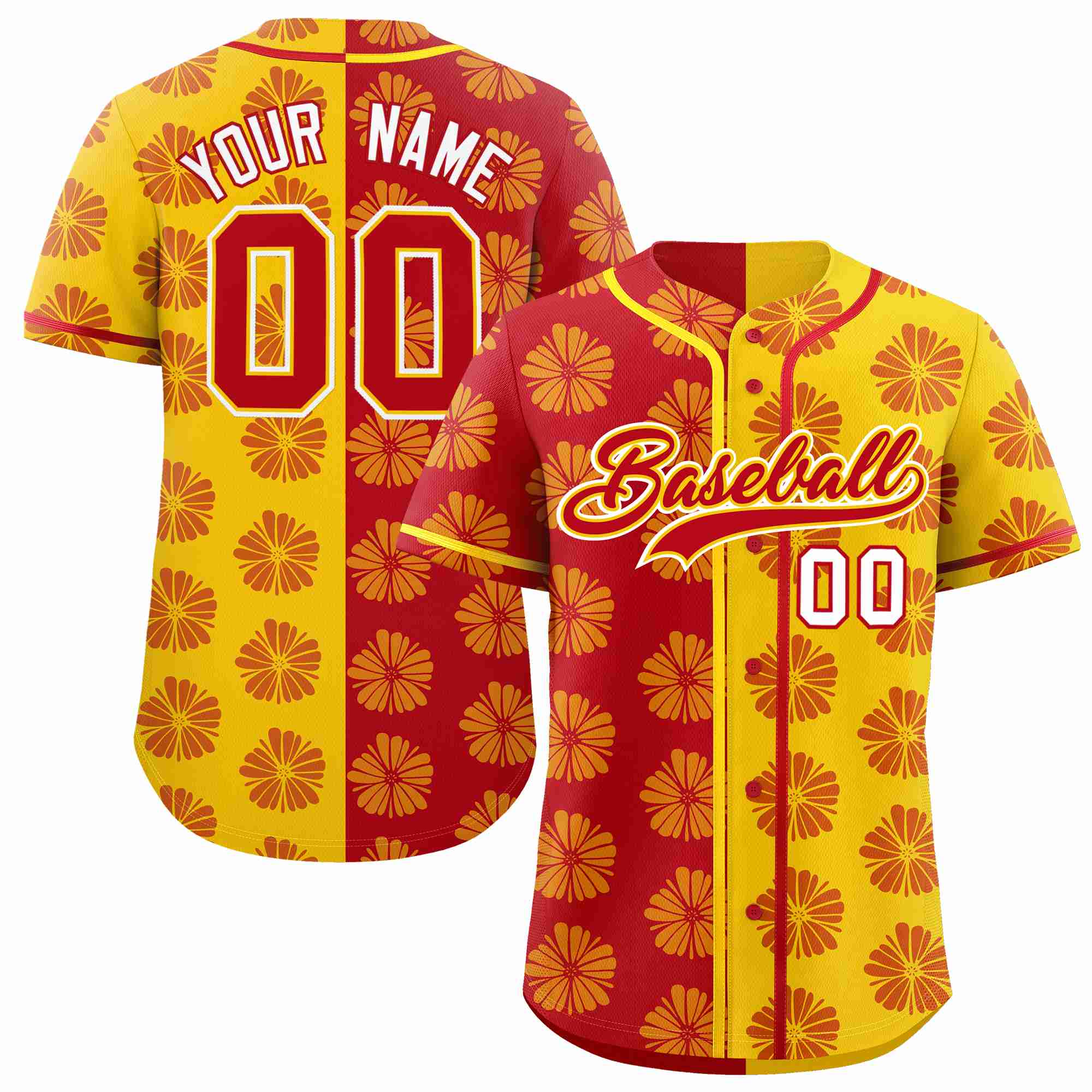 Custom Red Gold Split Fashion Flower Graffiti Pattern Authentic Baseball Jersey