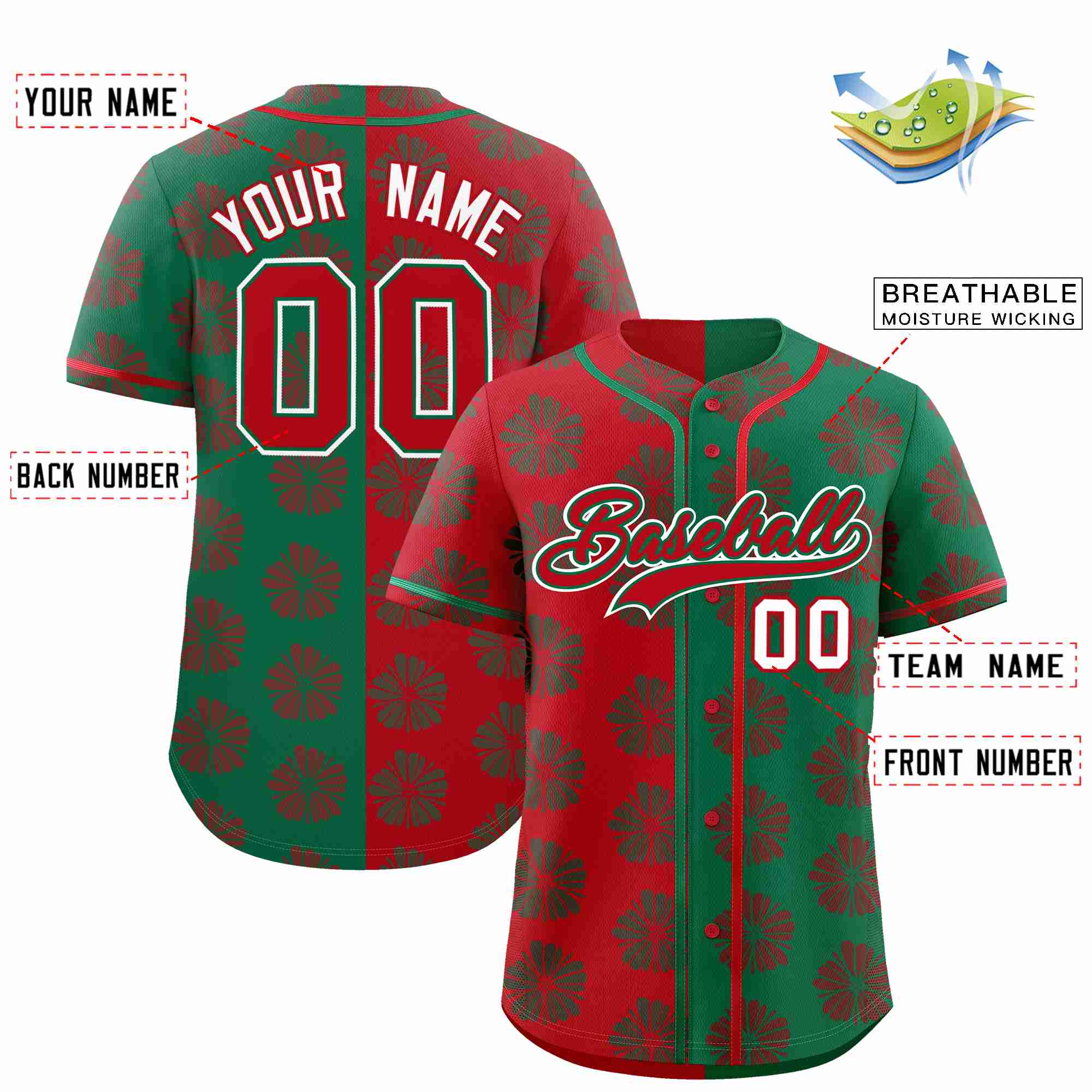 Custom Red Kelly Green Split Fashion Flower Graffiti Pattern Authentic Baseball Jersey