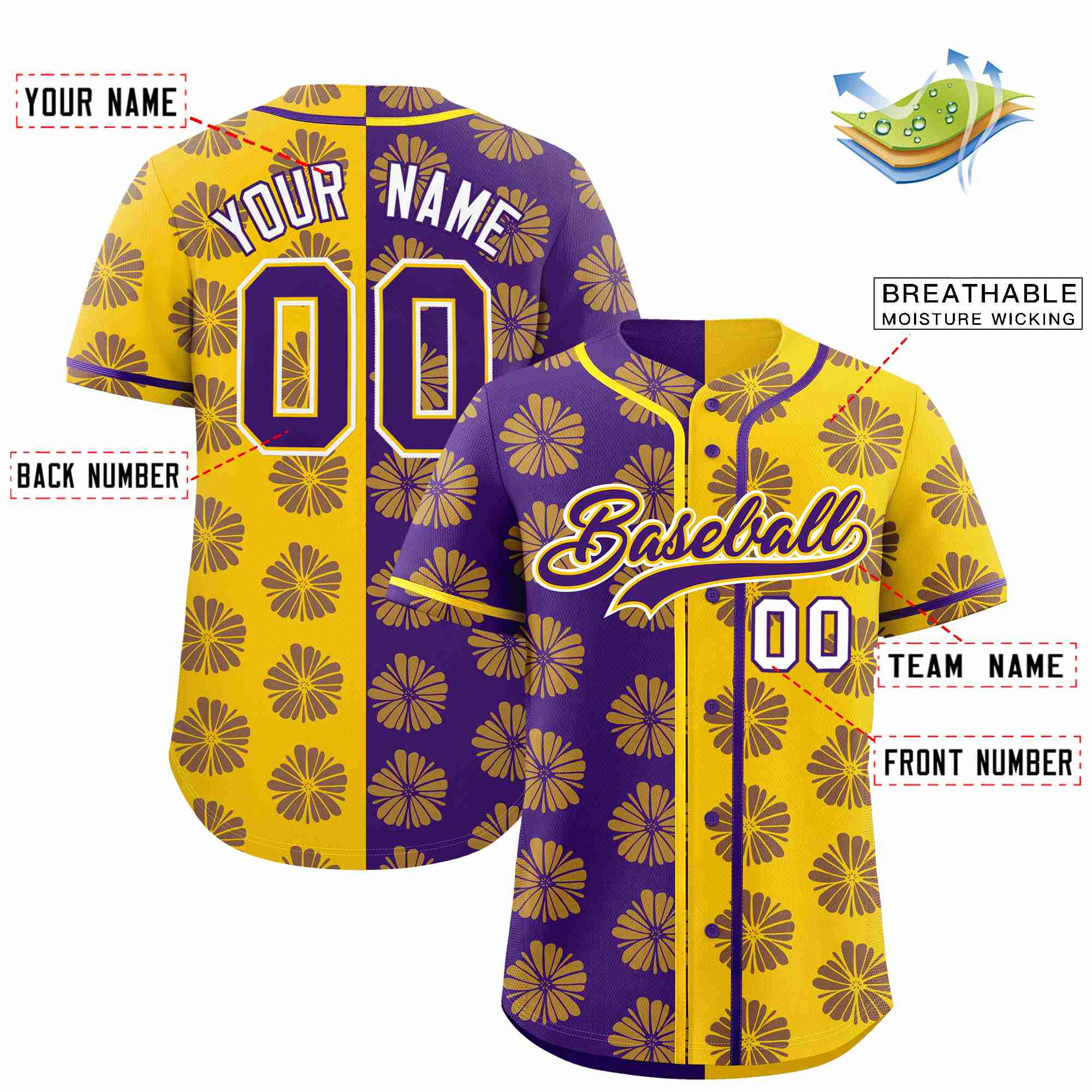 Custom Purple Gold Split Fashion Flower Graffiti Pattern Authentic Baseball Jersey