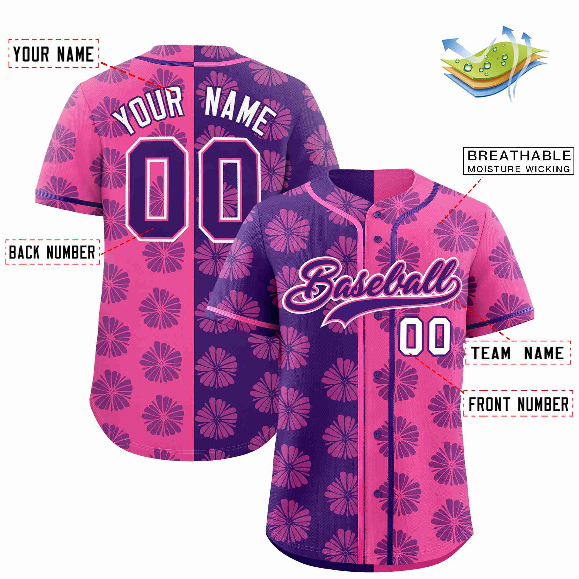 Custom Purple Pink Split Fashion Flower Graffiti Pattern Authentic Baseball Jersey