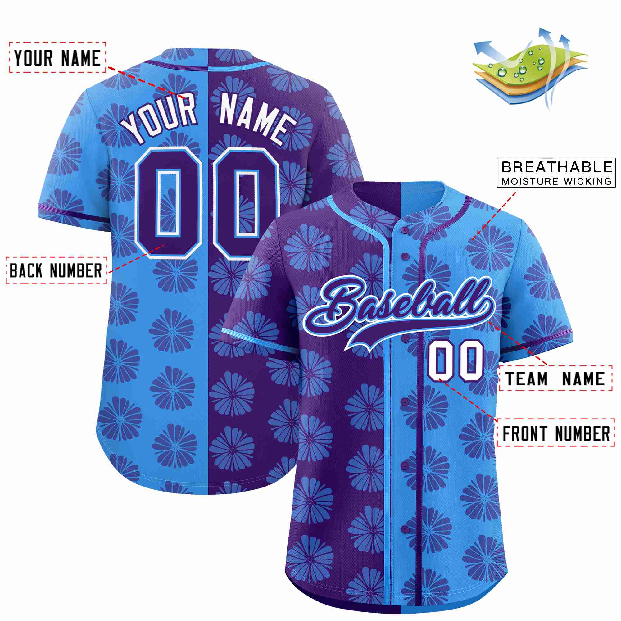 Custom Purple Powder Blue Split Fashion Flower Graffiti Pattern Authentic Baseball Jersey