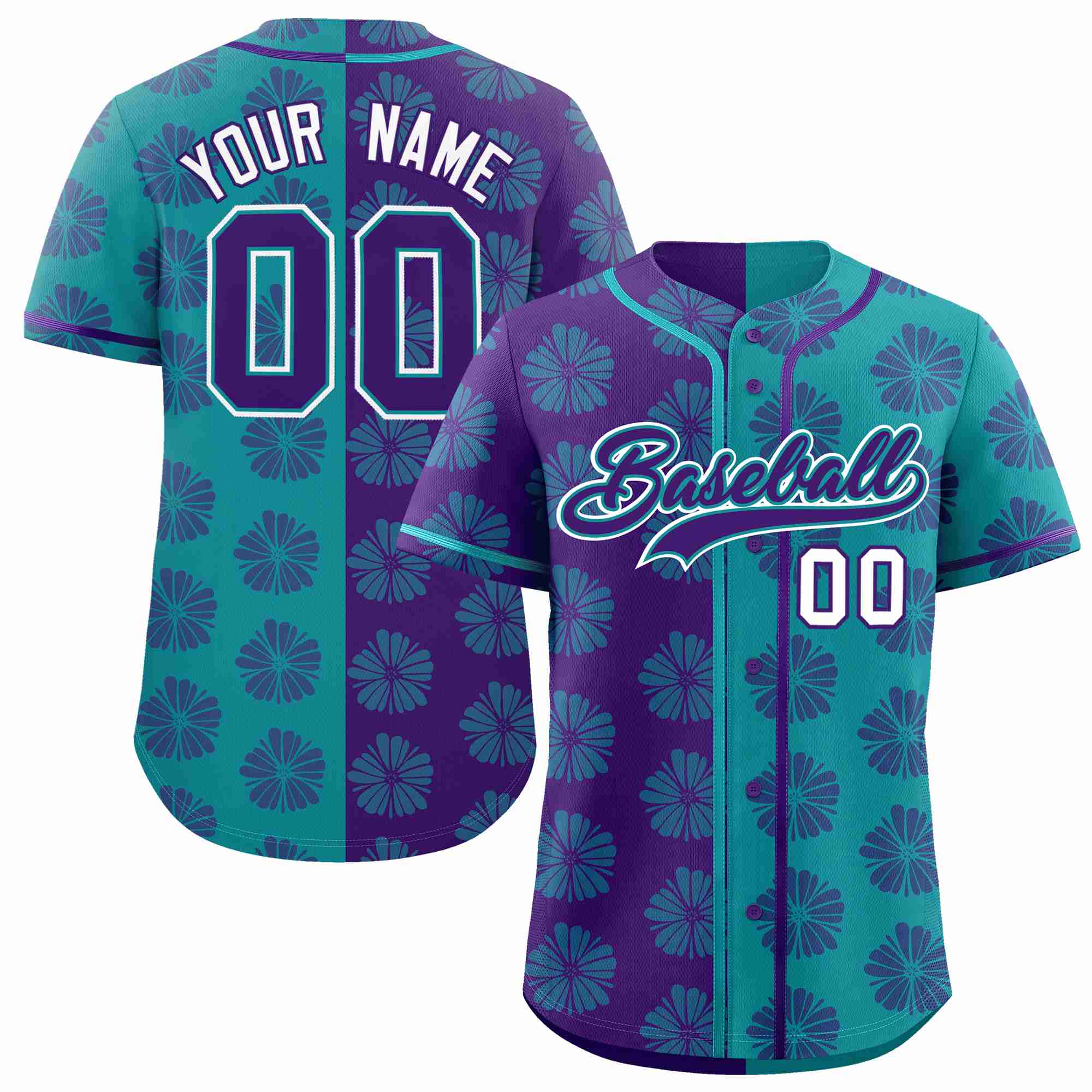 Custom Purple Aqua Split Fashion Flower Graffiti Pattern Authentic Baseball Jersey