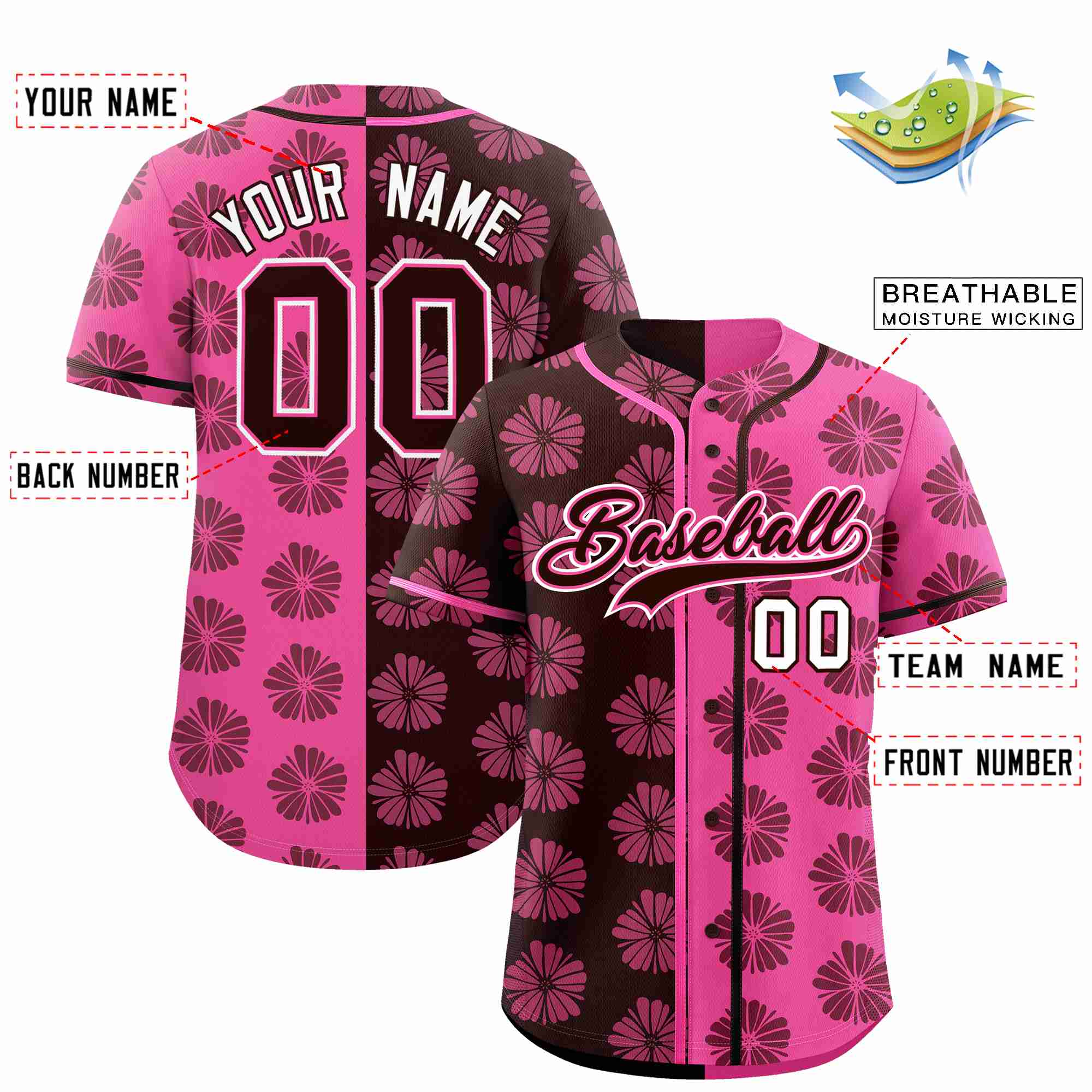 Custom Brown Pink Split Fashion Flower Graffiti Pattern Authentic Baseball Jersey