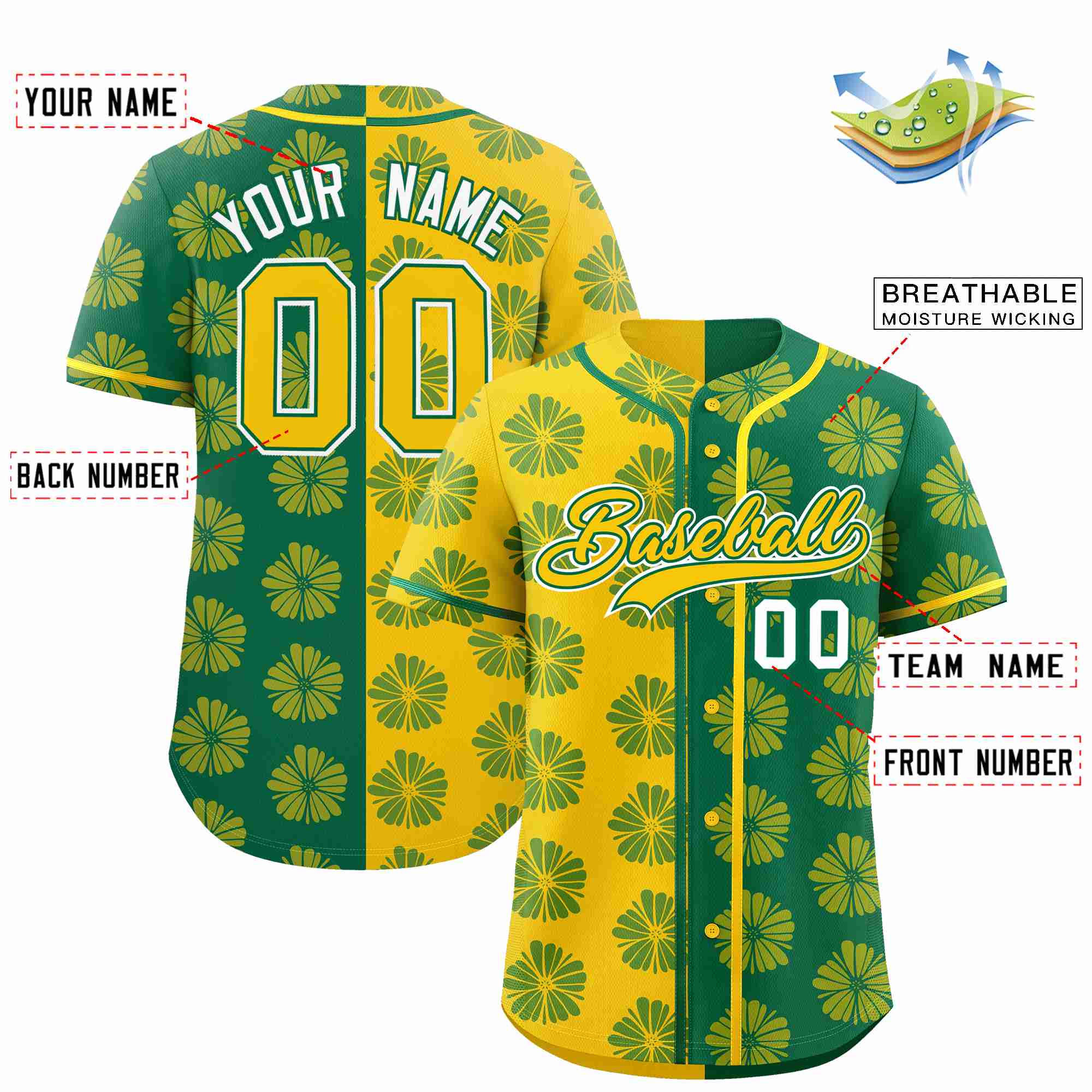 Custom Gold Kelly Green Split Fashion Flower Graffiti Pattern Authentic Baseball Jersey