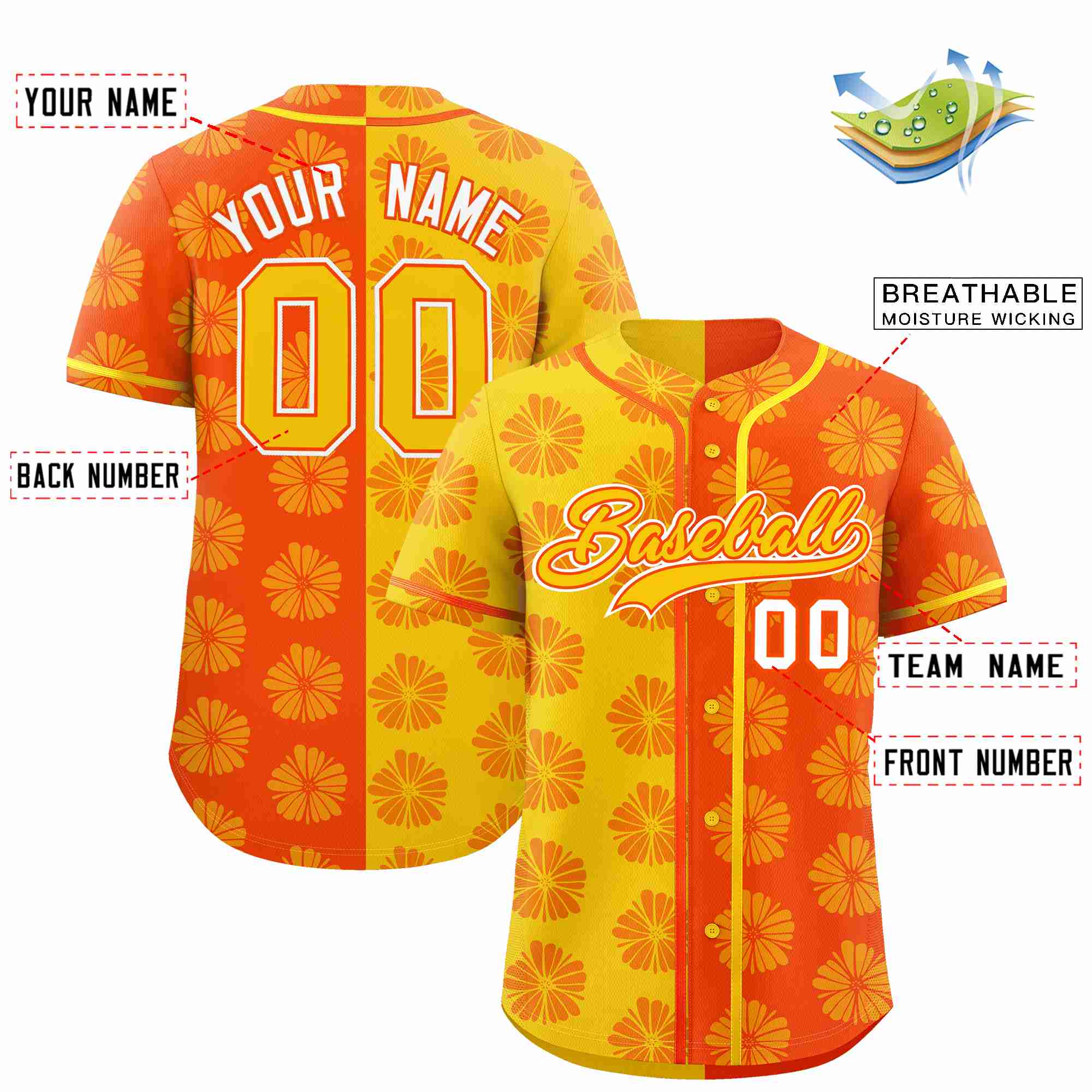 Custom Gold Orange Split Fashion Flower Graffiti Pattern Authentic Baseball Jersey