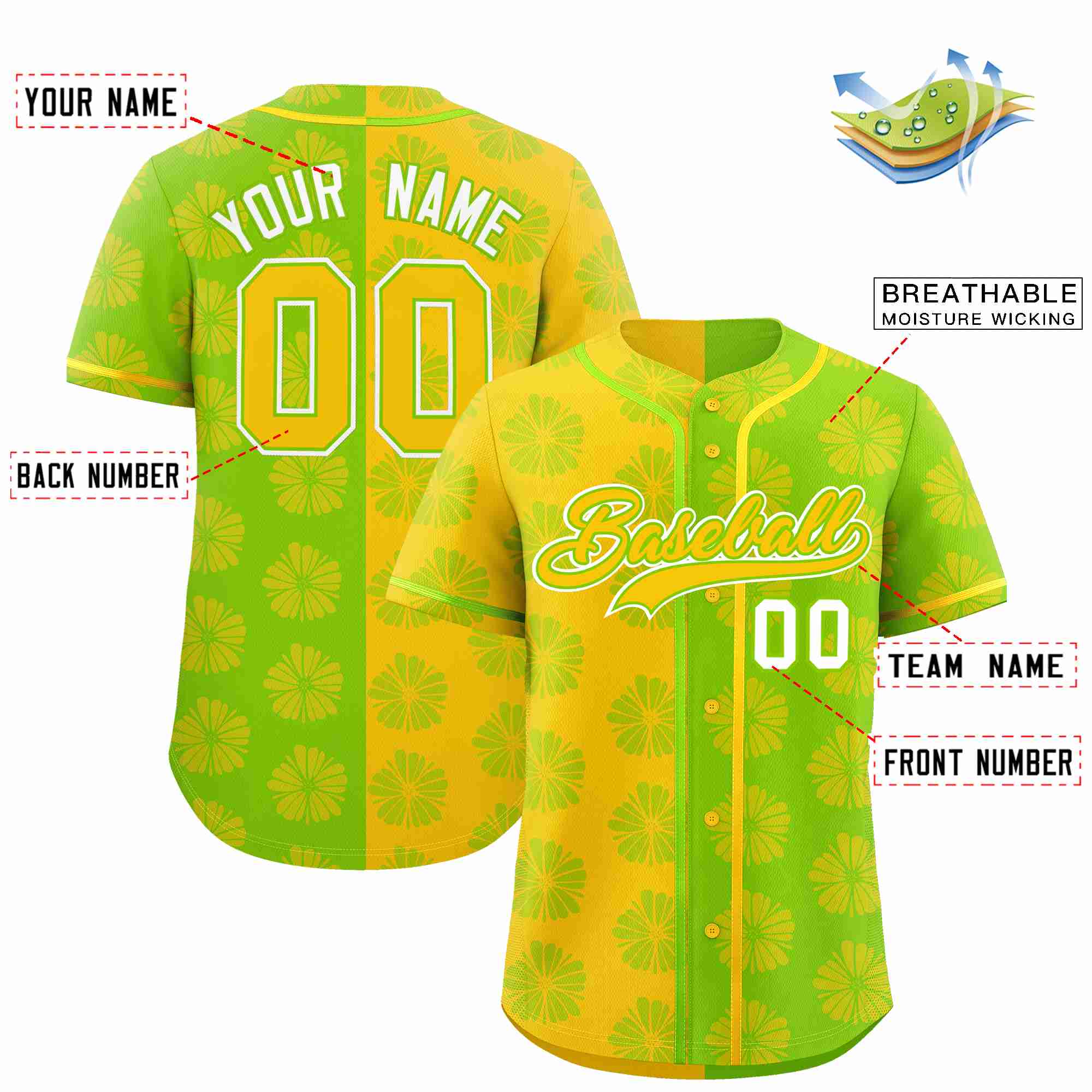 Custom Gold Neon Green Split Fashion Flower Graffiti Pattern Authentic Baseball Jersey