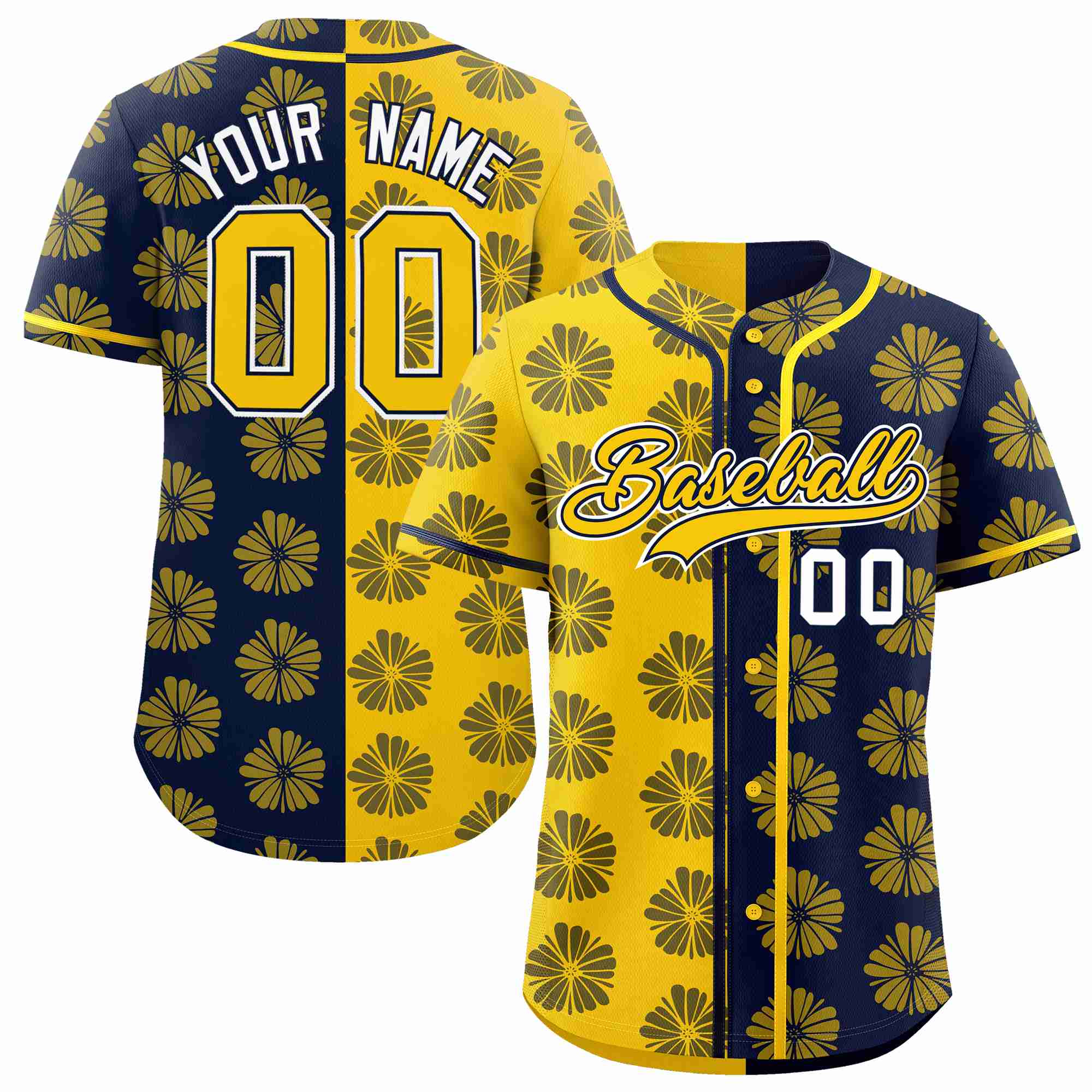 Custom Gold Navy Split Fashion Flower Graffiti Pattern Authentic Baseball Jersey