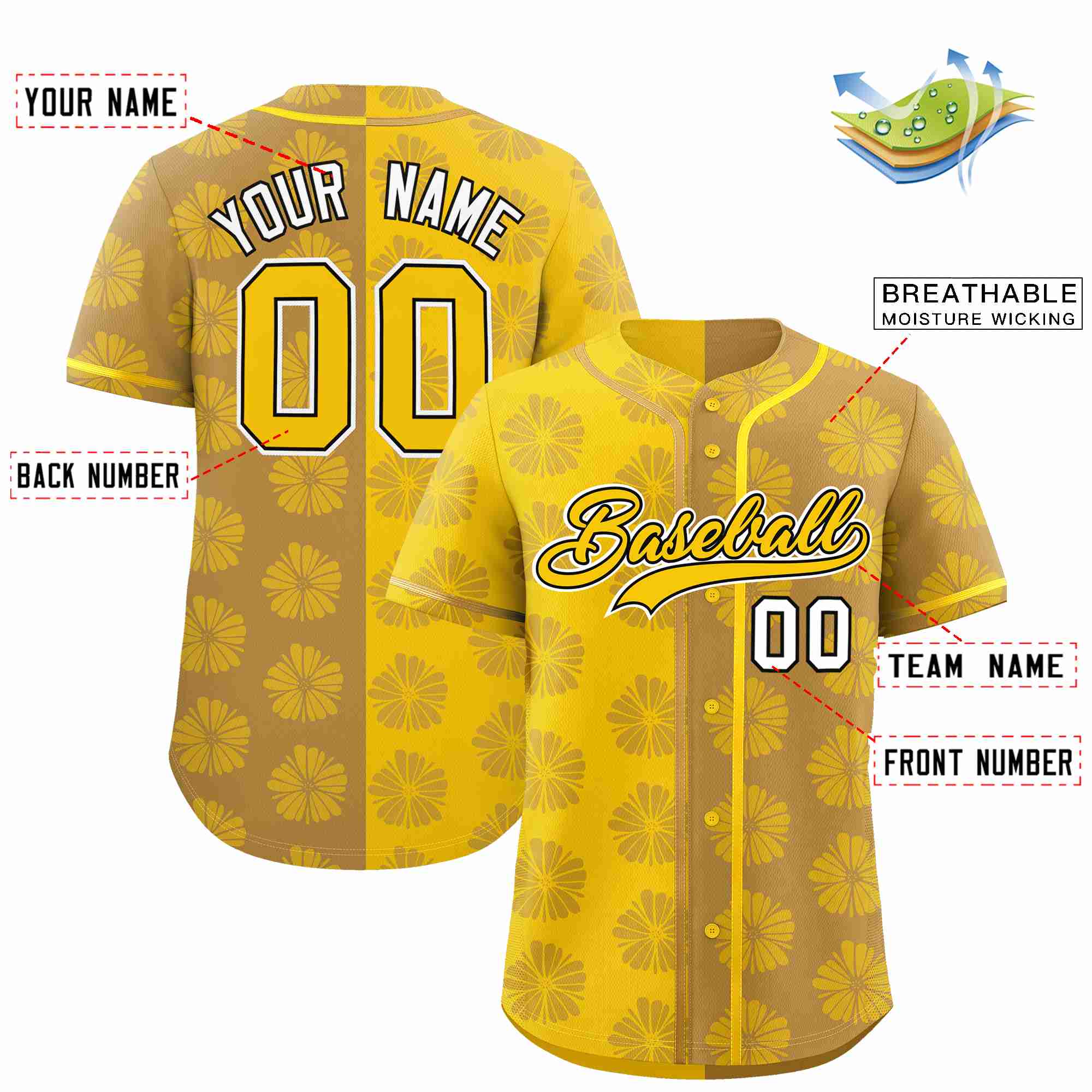 Custom Gold Old Gold Split Fashion Flower Graffiti Pattern Authentic Baseball Jersey